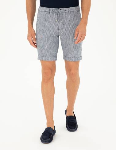 Açık Lacivert Slim Fit Keten Karışımlı Beli Lastikli Bağcıklı Dokuma Şort