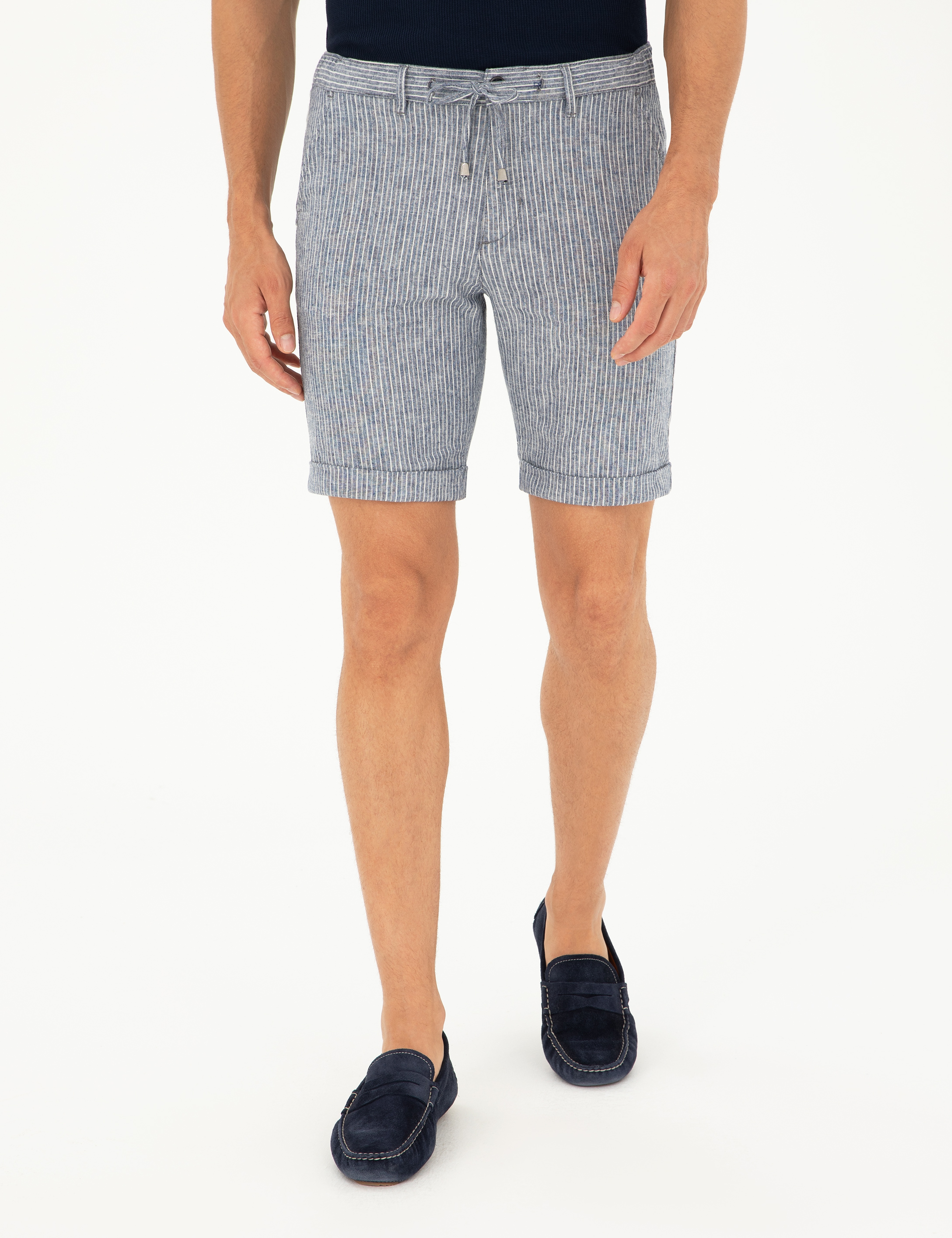 Açık Lacivert Slim Fit Keten Karışımlı Beli Lastikli Bağcıklı Dokuma Şort - Image 2