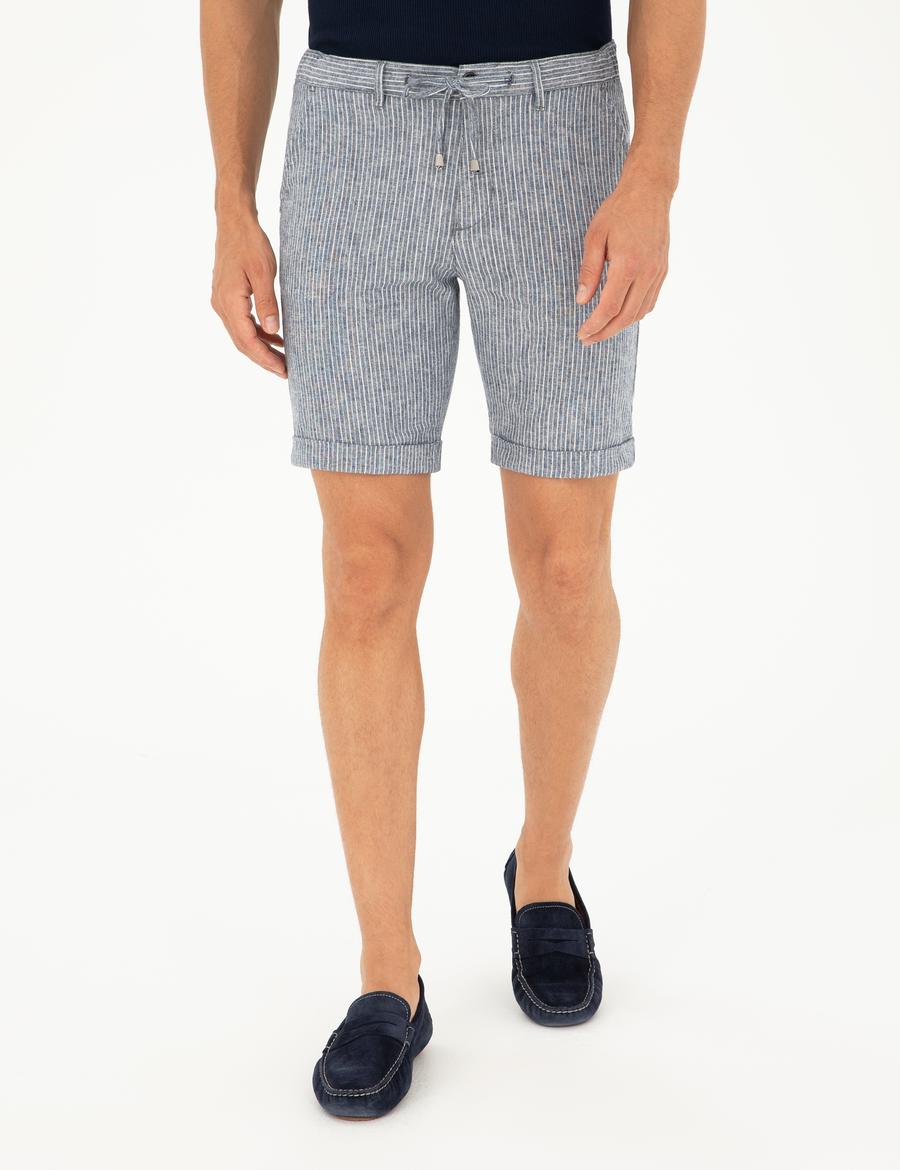 Açık Lacivert Slim Fit Keten Karışımlı Beli Lastikli Bağcıklı Dokuma Şort