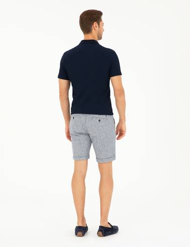 Açık Lacivert Slim Fit Keten Karışımlı Beli Lastikli Bağcıklı Dokuma Şort