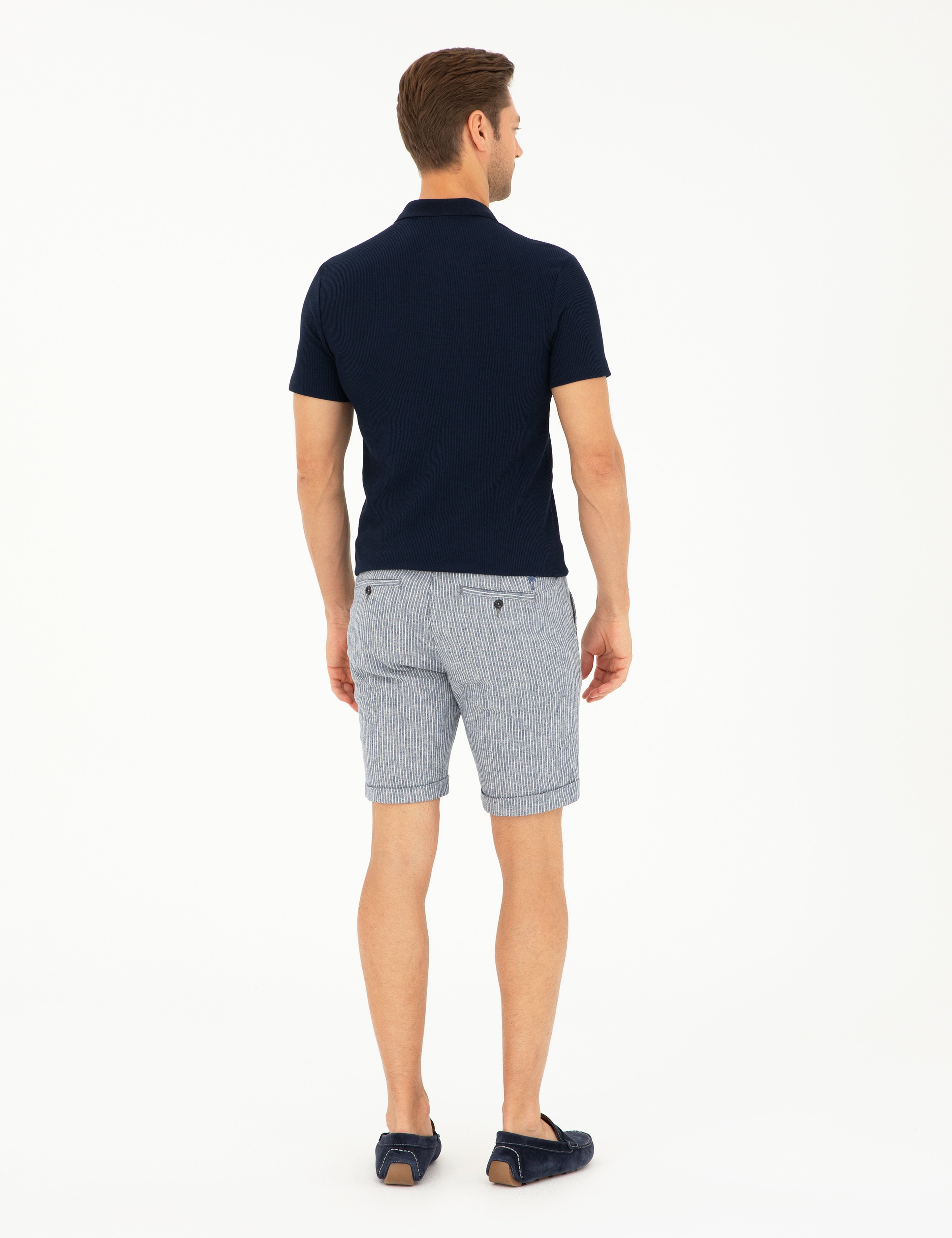 Açık Lacivert Slim Fit Keten Karışımlı Beli Lastikli Bağcıklı Dokuma Şort - Image 4