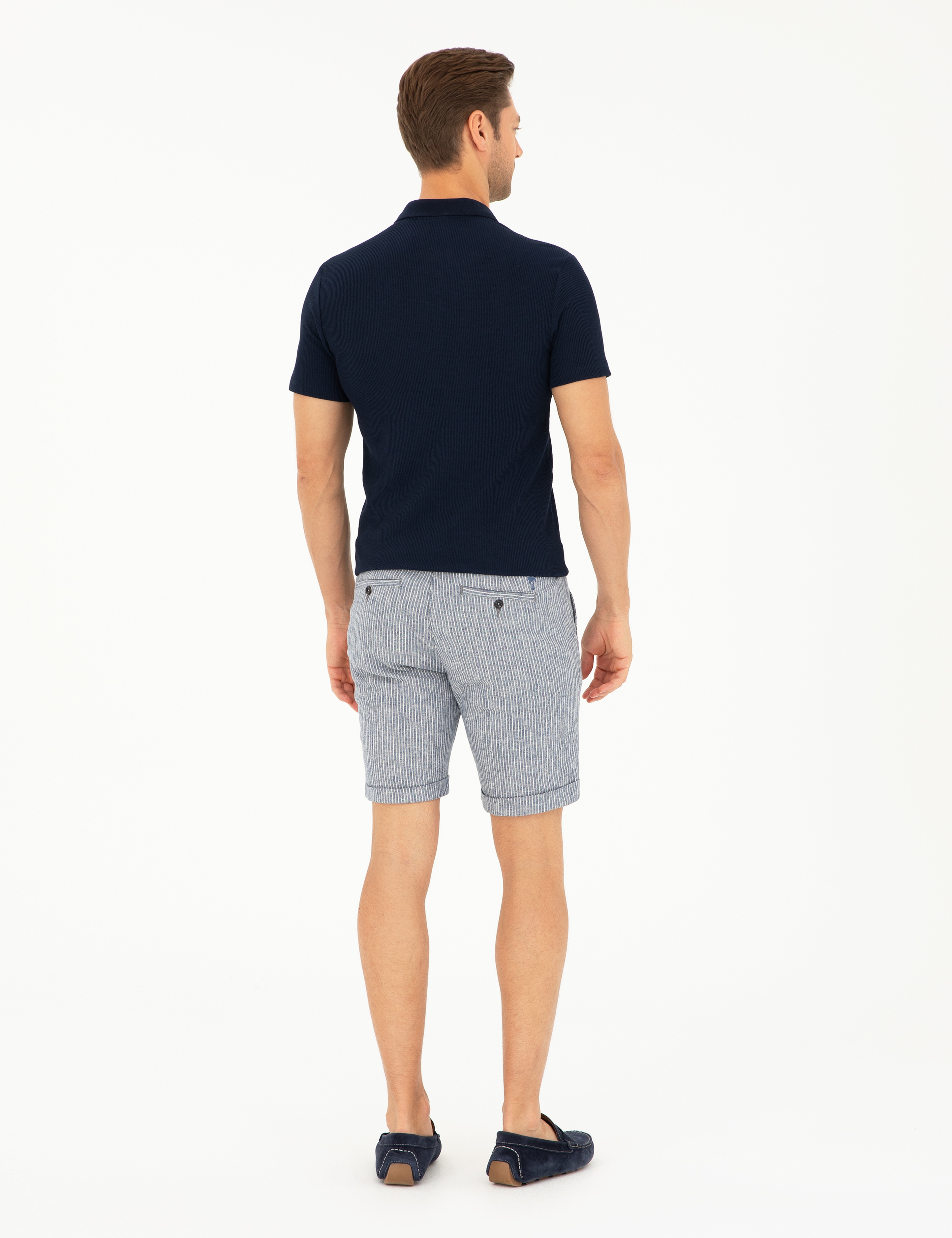 Açık Lacivert Slim Fit Keten Karışımlı Beli Lastikli Bağcıklı Dokuma Şort