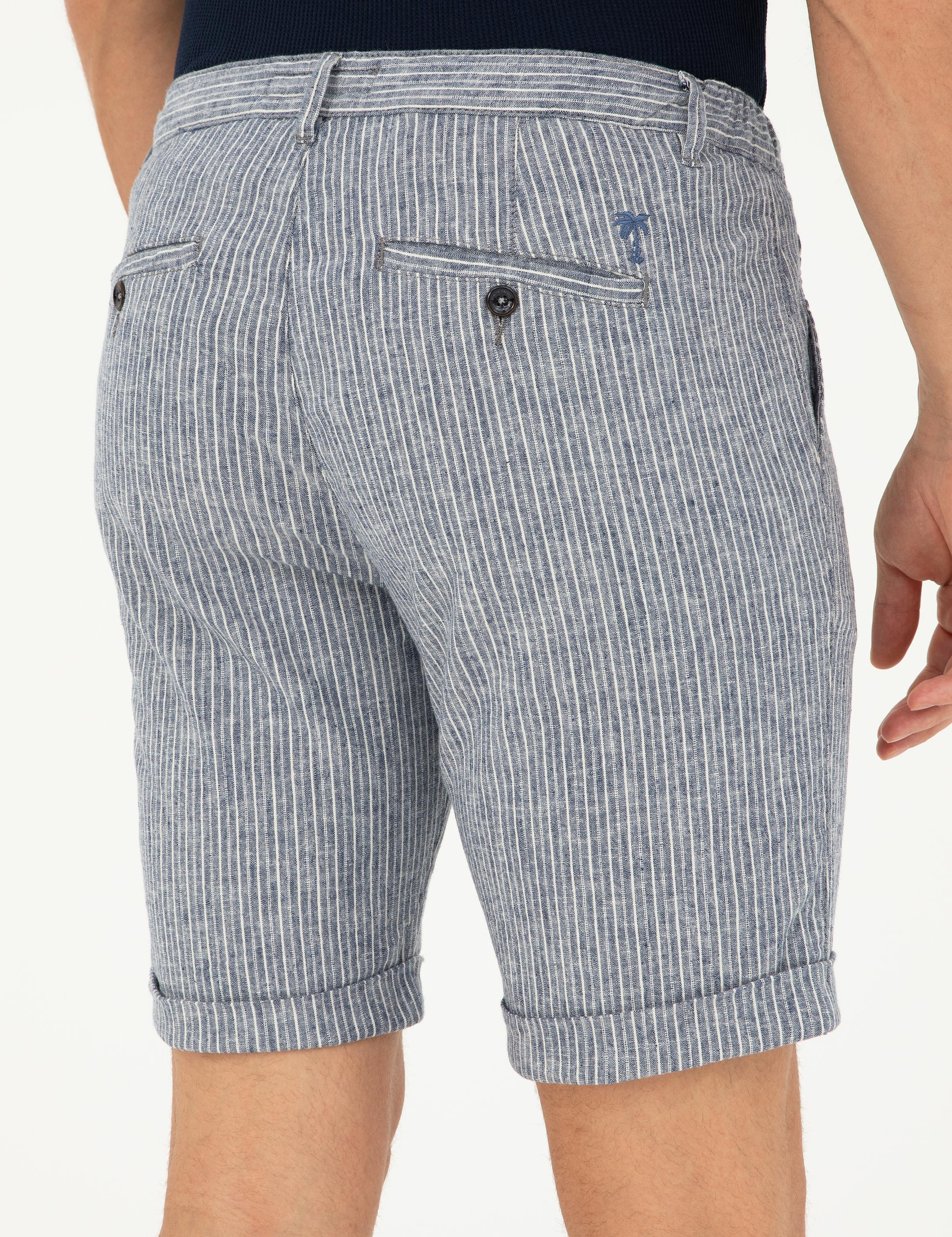 Açık Lacivert Slim Fit Keten Karışımlı Beli Lastikli Bağcıklı Dokuma Şort - Image 6