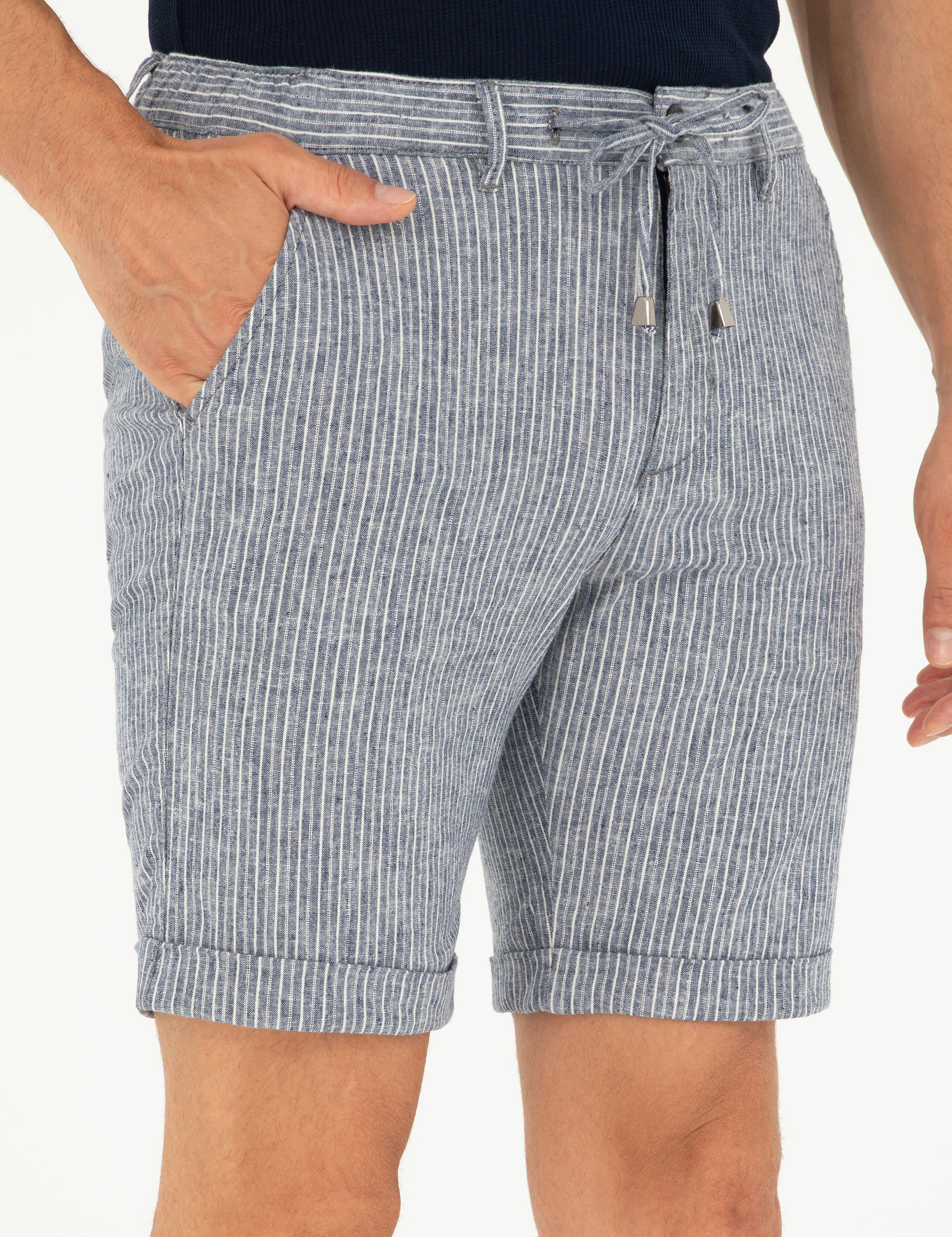 Açık Lacivert Slim Fit Keten Karışımlı Beli Lastikli Bağcıklı Dokuma Şort - Image 5