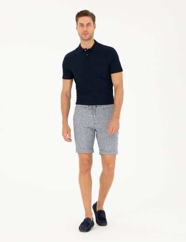 Açık Lacivert Slim Fit Keten Karışımlı Beli Lastikli Bağcıklı Dokuma Şort