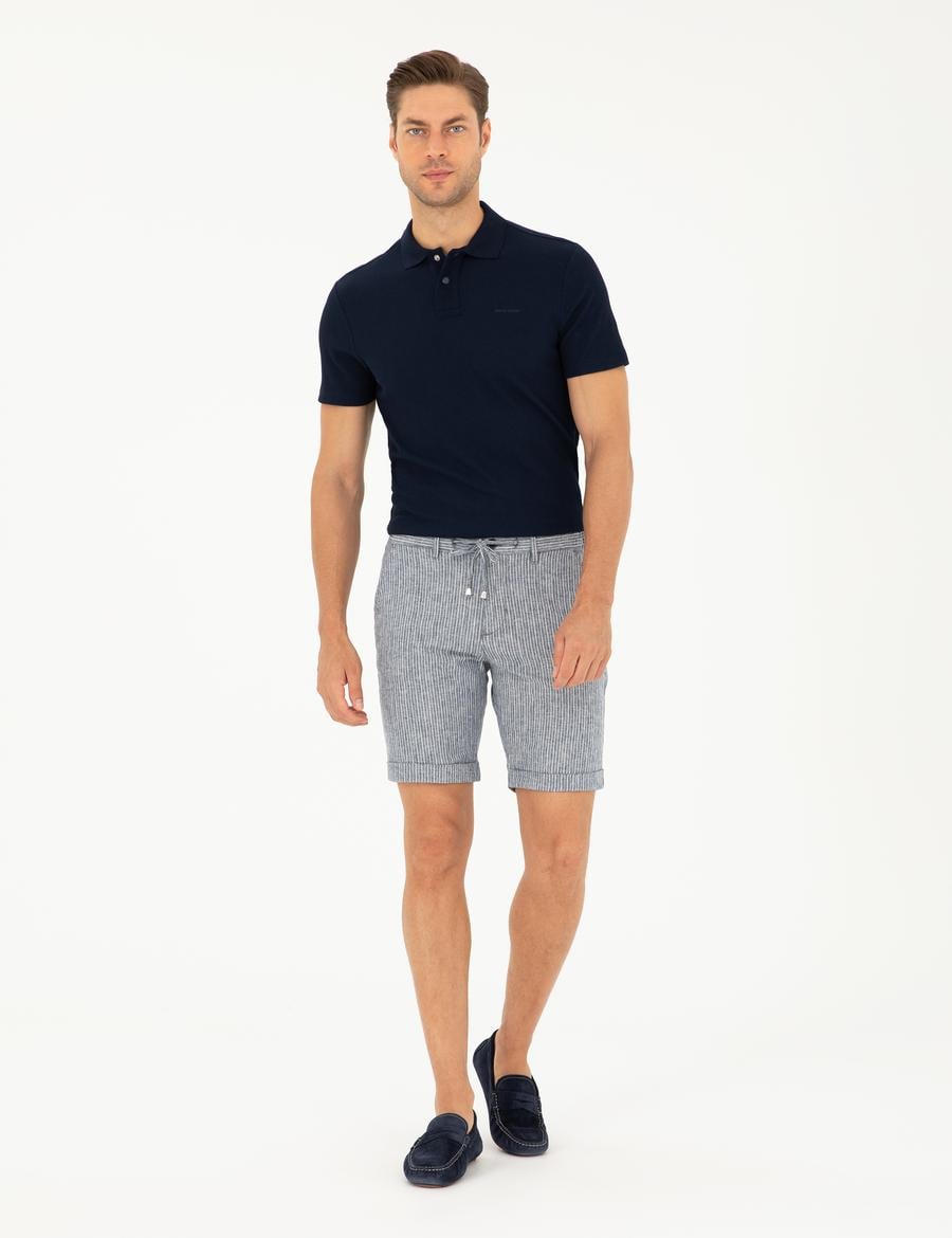 Açık Lacivert Slim Fit Keten Karışımlı Beli Lastikli Bağcıklı Dokuma Şort