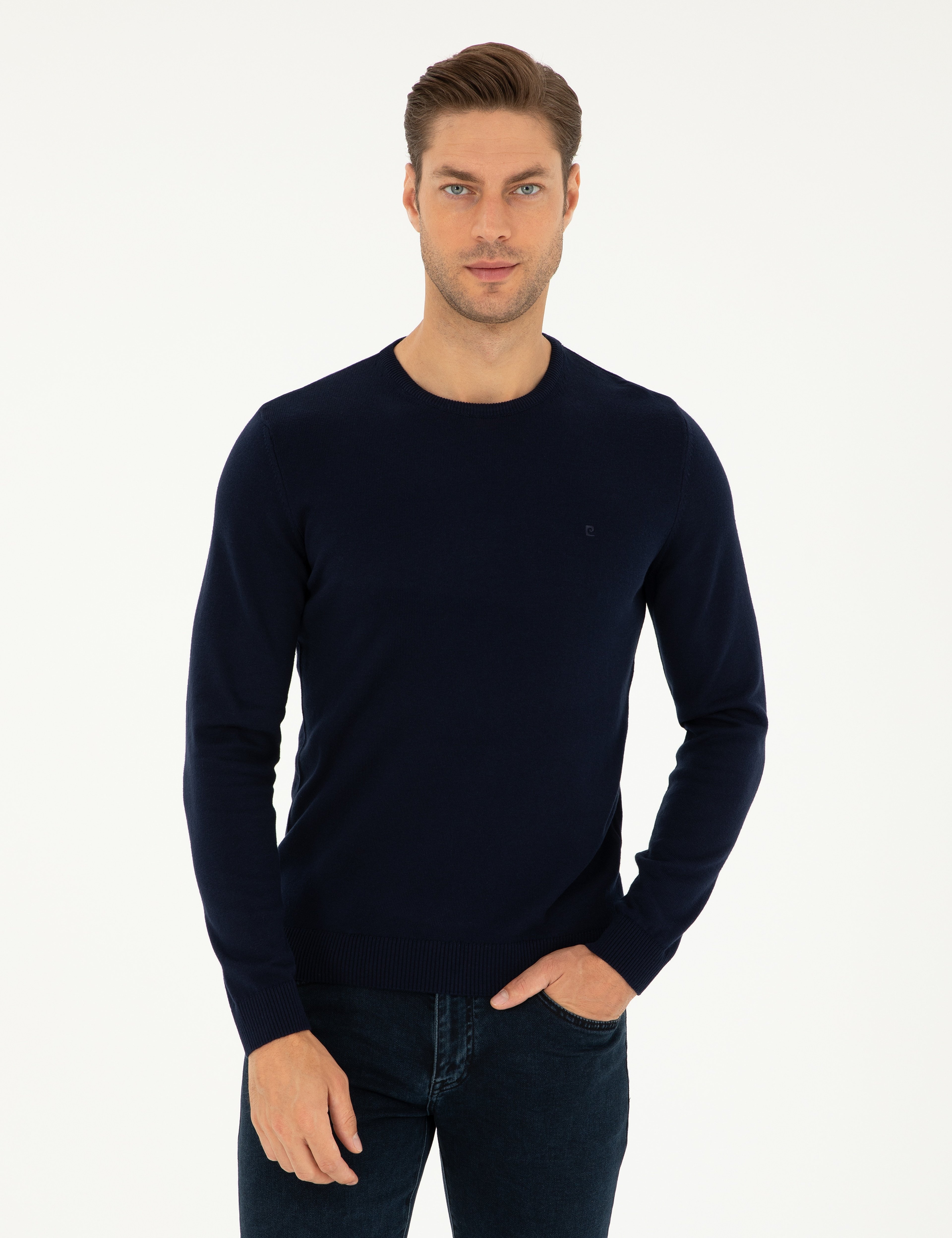 Lacivert Slim Fit Bisiklet Yaka Basic Triko Kazak - Image 1