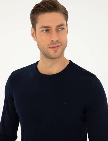 Lacivert Slim Fit Bisiklet Yaka Basic Triko Kazak