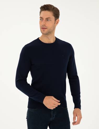 Lacivert Slim Fit Bisiklet Yaka Basic Triko Kazak