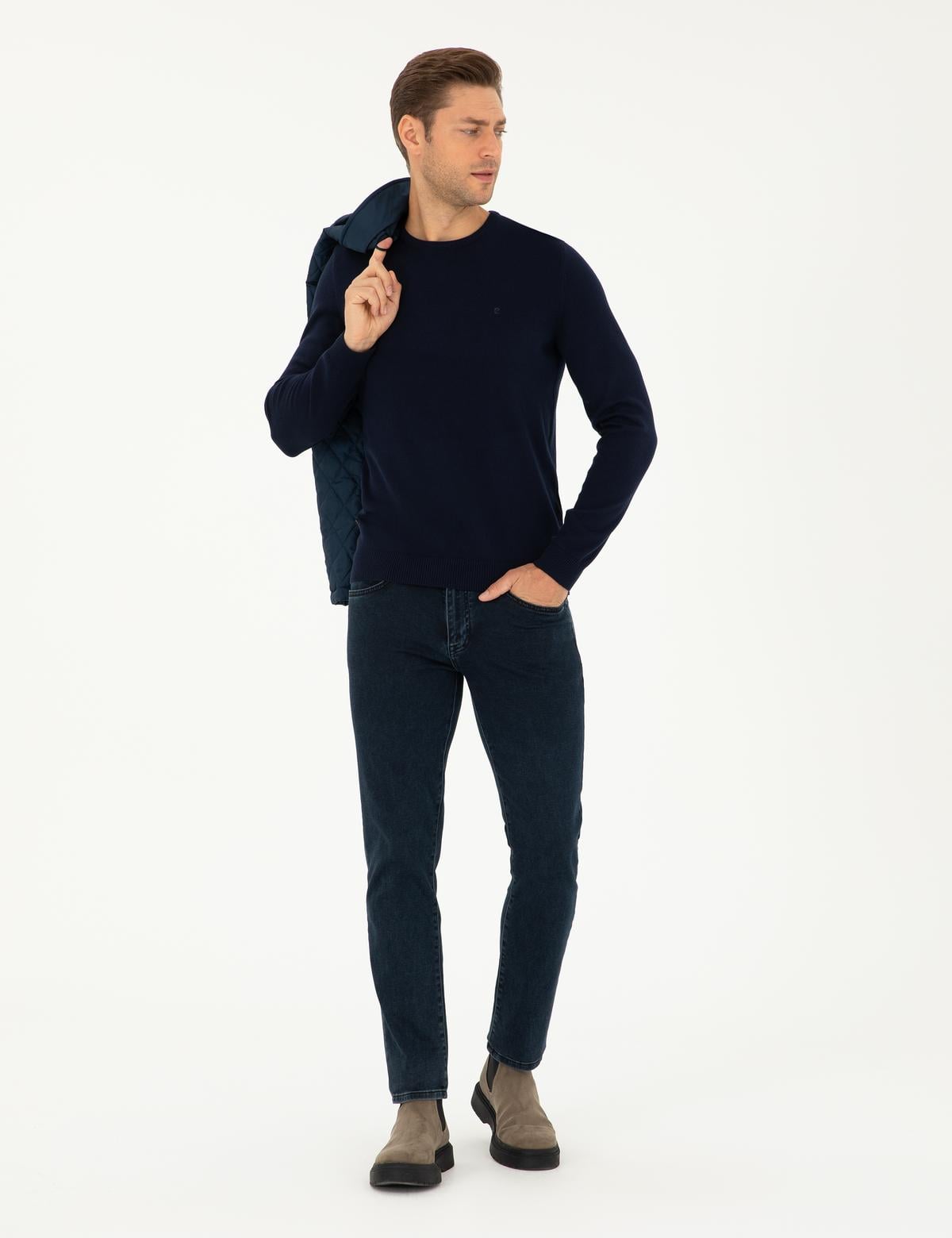 Lacivert Slim Fit Bisiklet Yaka Basic Triko Kazak - 50296575041