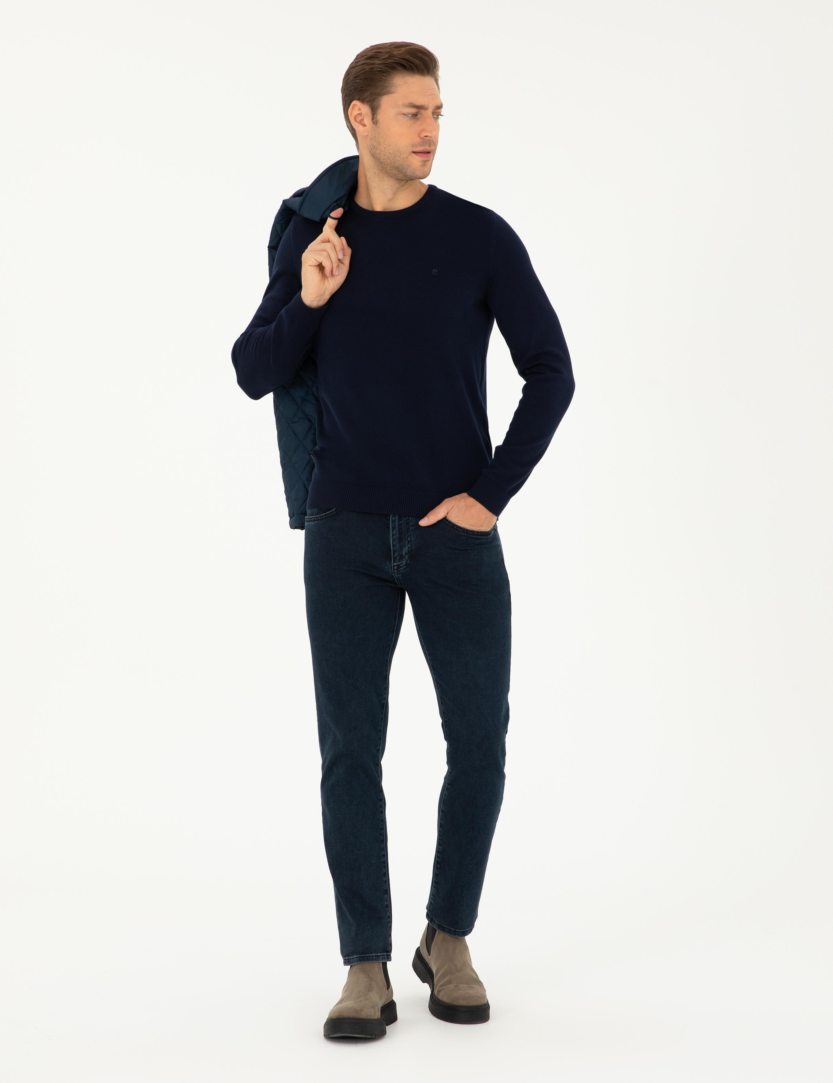 Lacivert Slim Fit Bisiklet Yaka Basic Triko Kazak