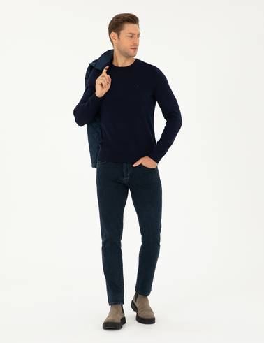 Lacivert Slim Fit Bisiklet Yaka Basic Triko Kazak