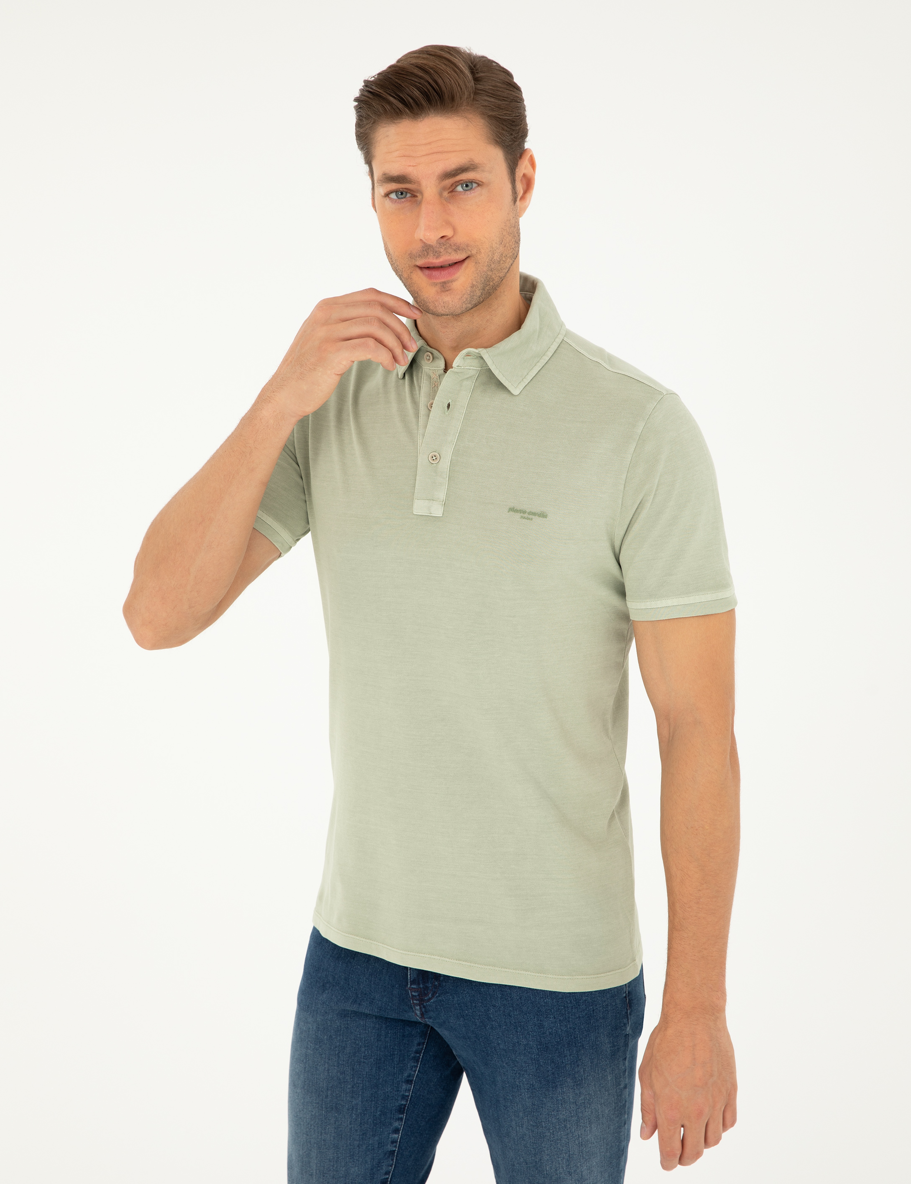 Yeşil Slim Fit %100 Pamuk Düğmeli Polo Yaka Tişört - Image 3