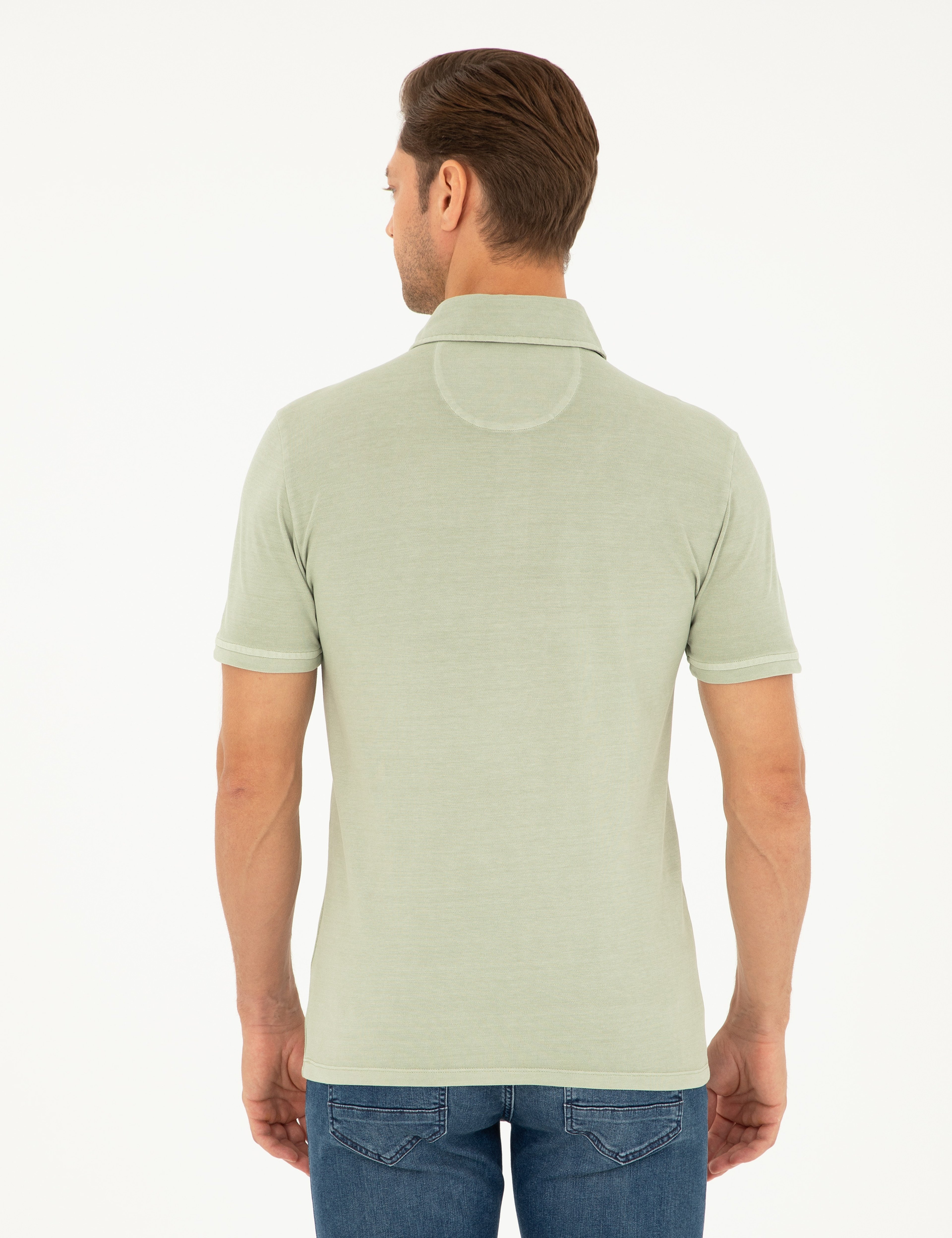 Yeşil Slim Fit %100 Pamuk Düğmeli Polo Yaka Tişört