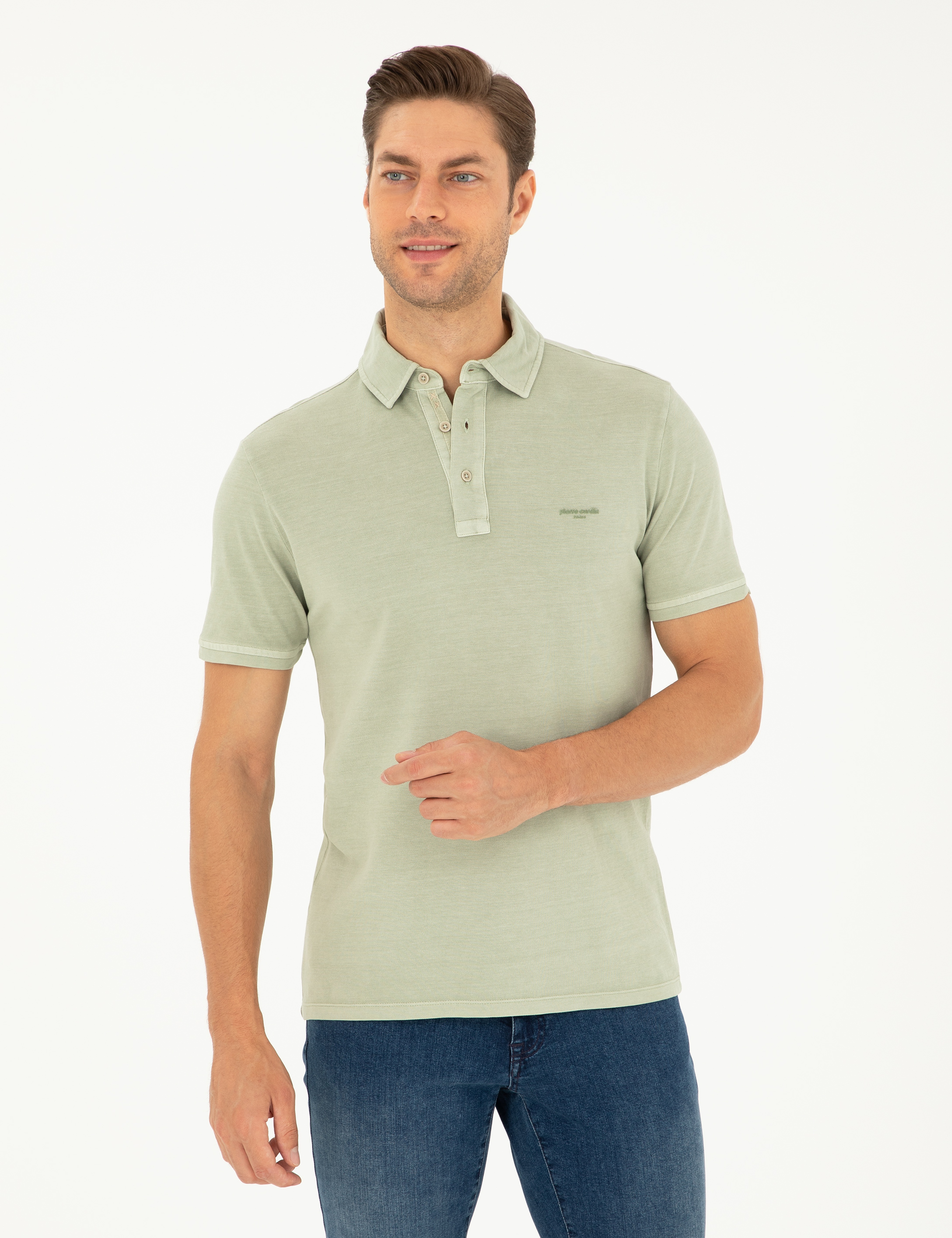 Yeşil Slim Fit %100 Pamuk Düğmeli Polo Yaka Tişört - Image 1