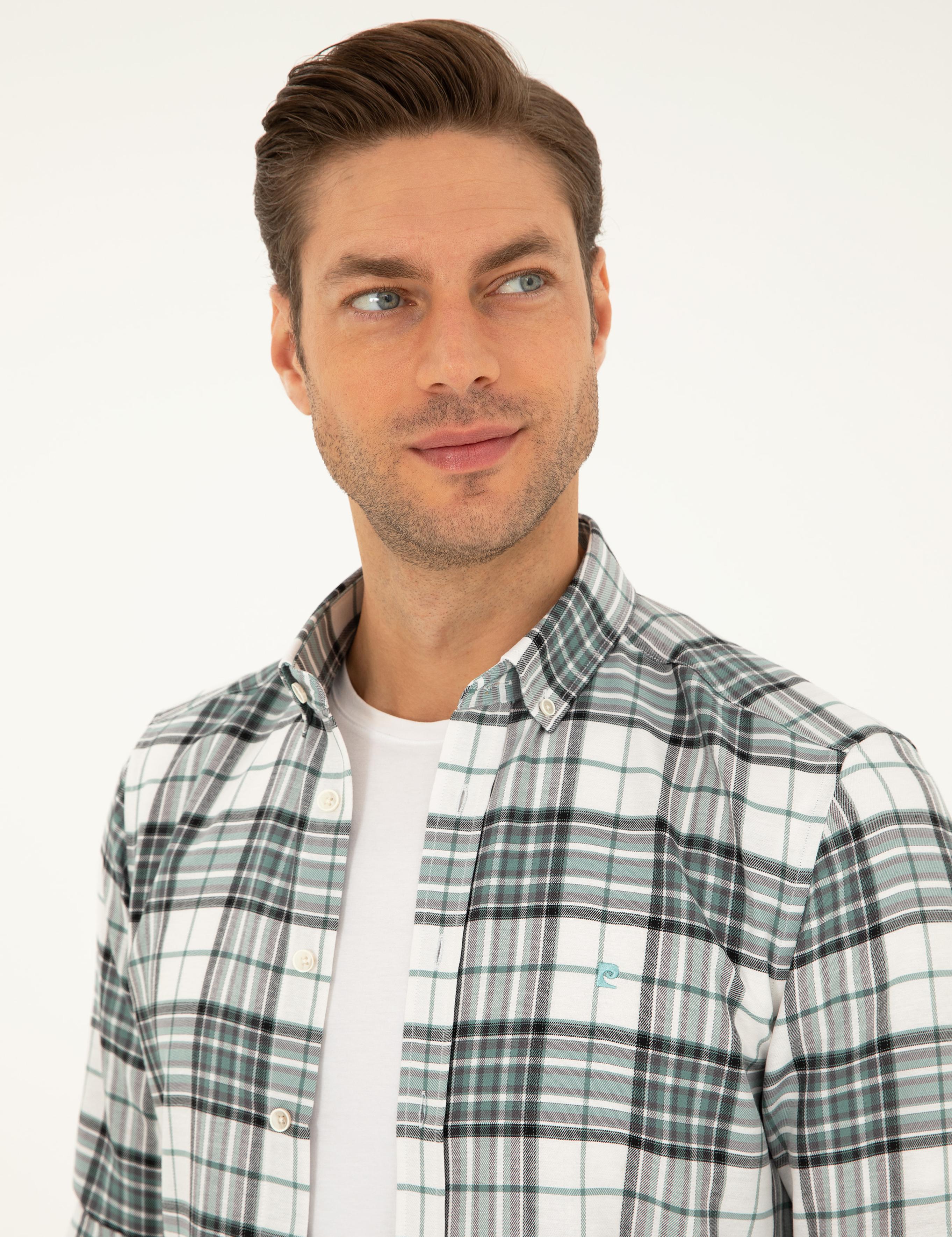 Su Yeşili Ekose Slim Fit Uzun Kollu Gömlek