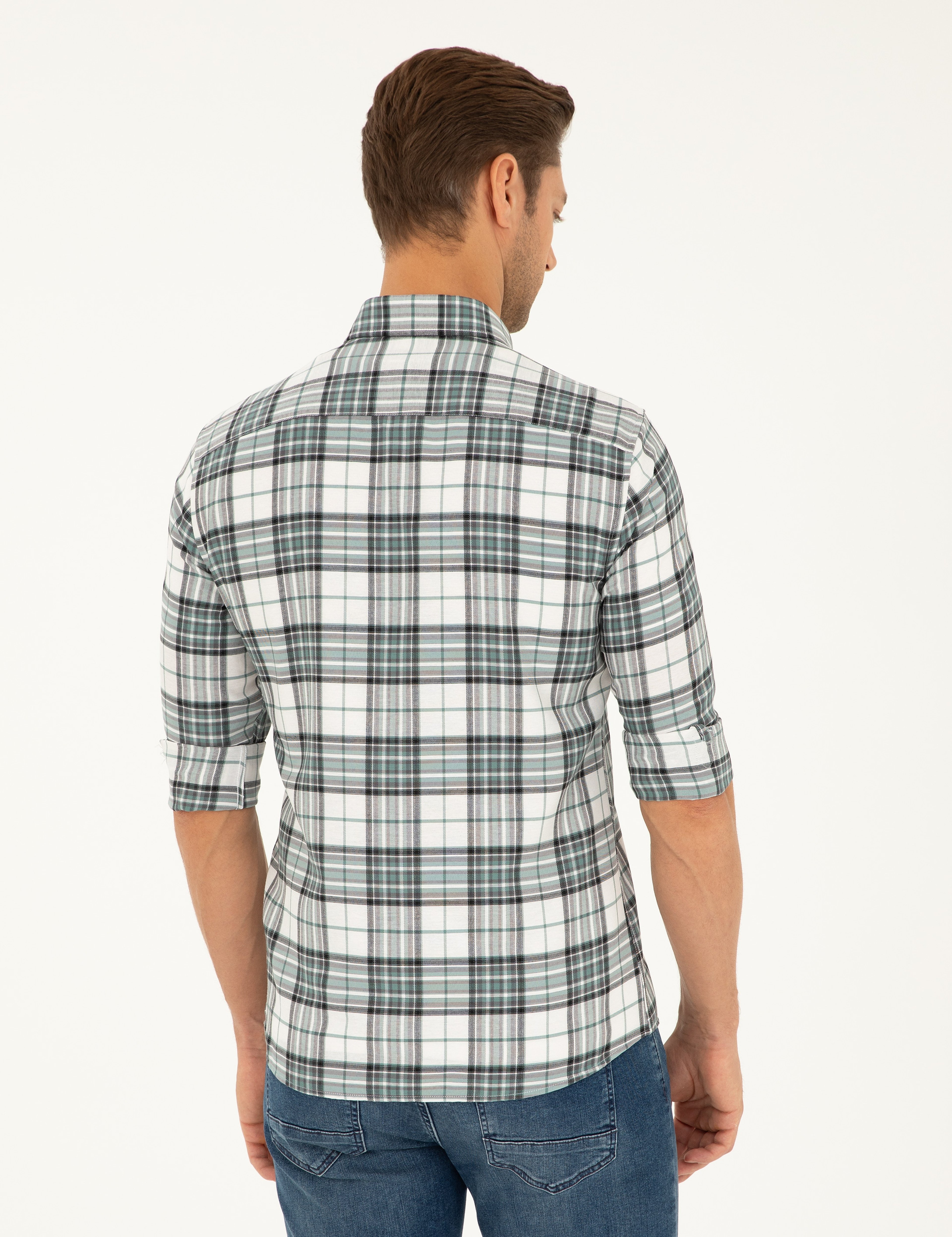 Su Yeşili Ekose Slim Fit Uzun Kollu Gömlek - Image 5