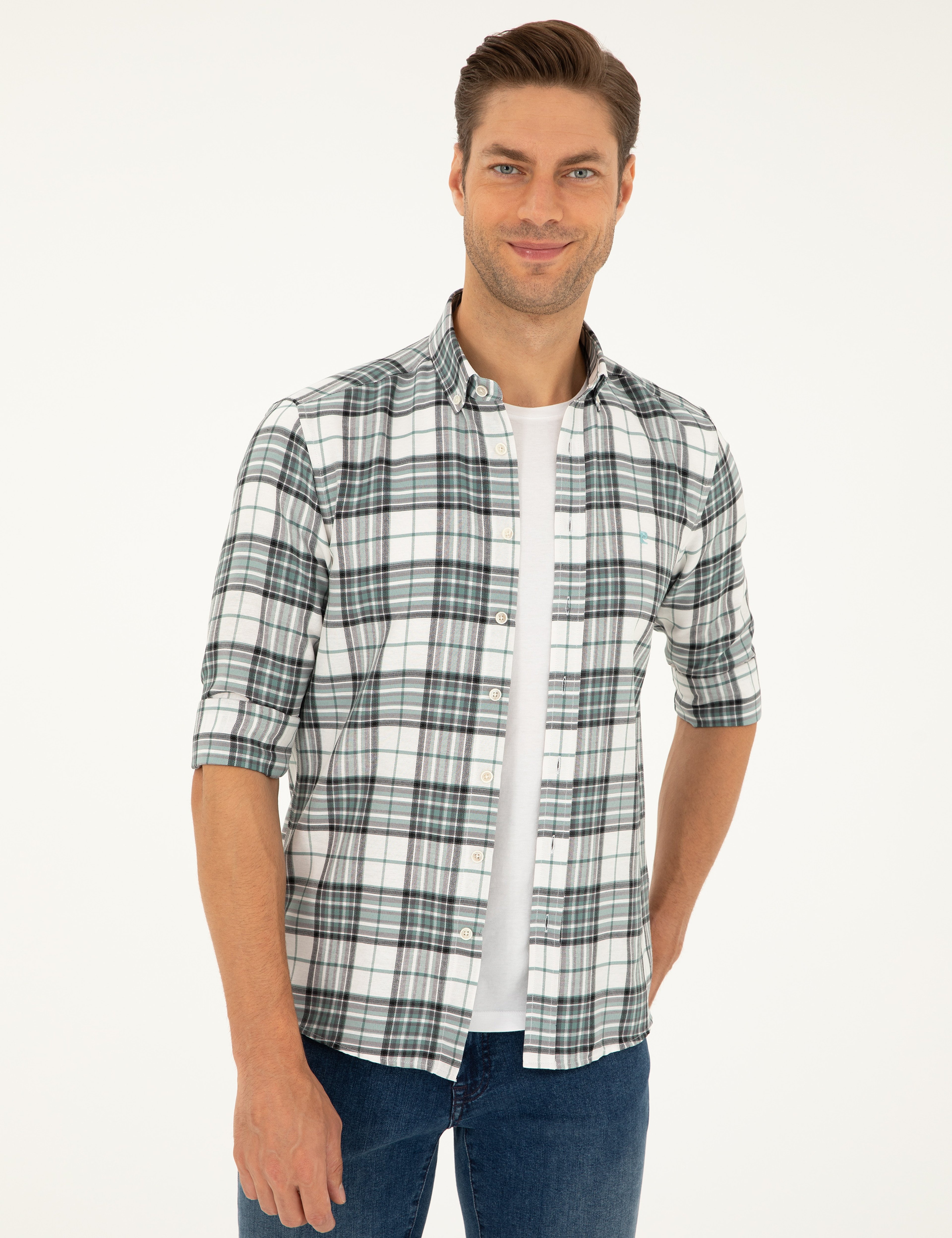 Su Yeşili Ekose Slim Fit Uzun Kollu Gömlek - Image 3