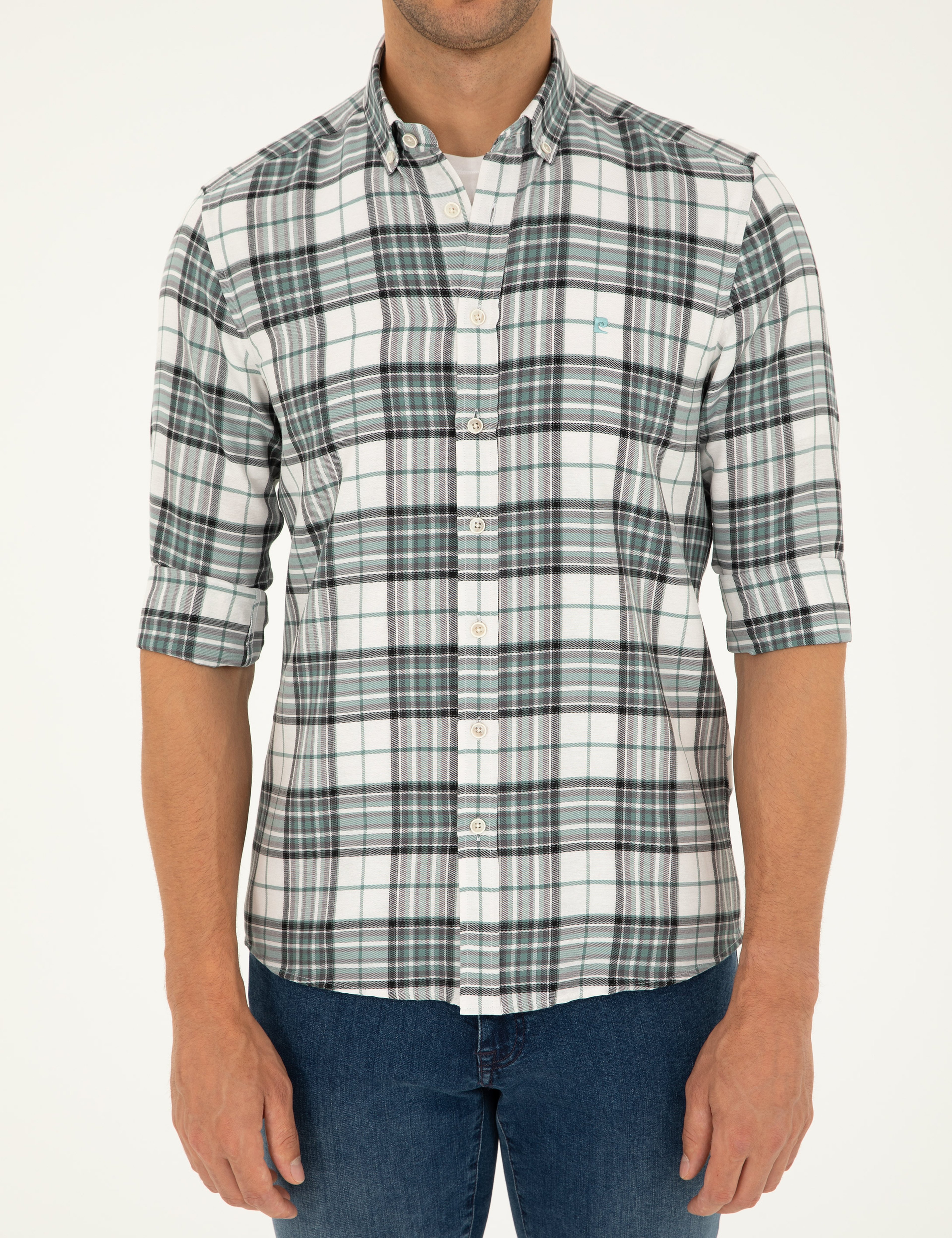 Su Yeşili Ekose Slim Fit Uzun Kollu Gömlek - Image 6
