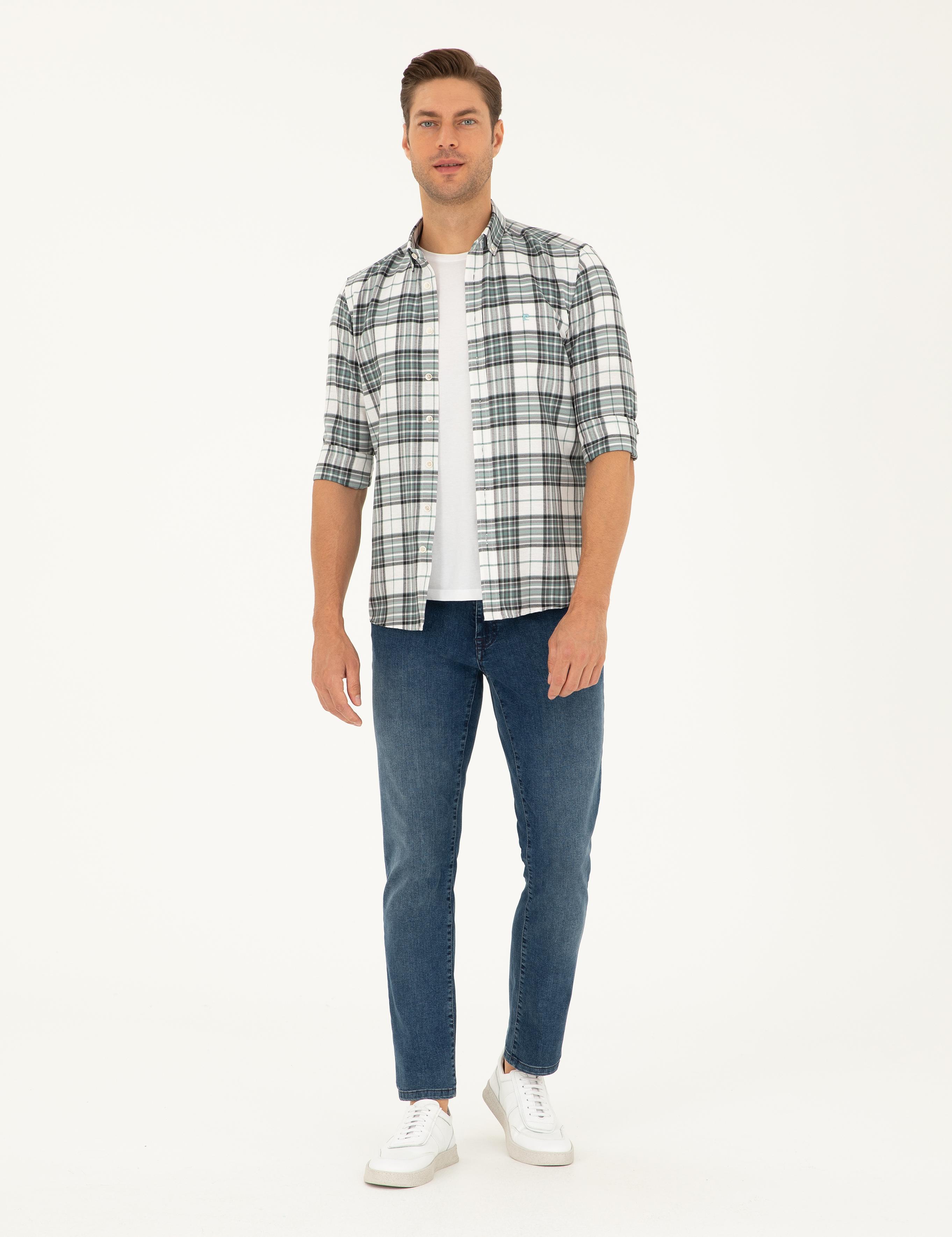 Su Yeşili Ekose Slim Fit Uzun Kollu Gömlek