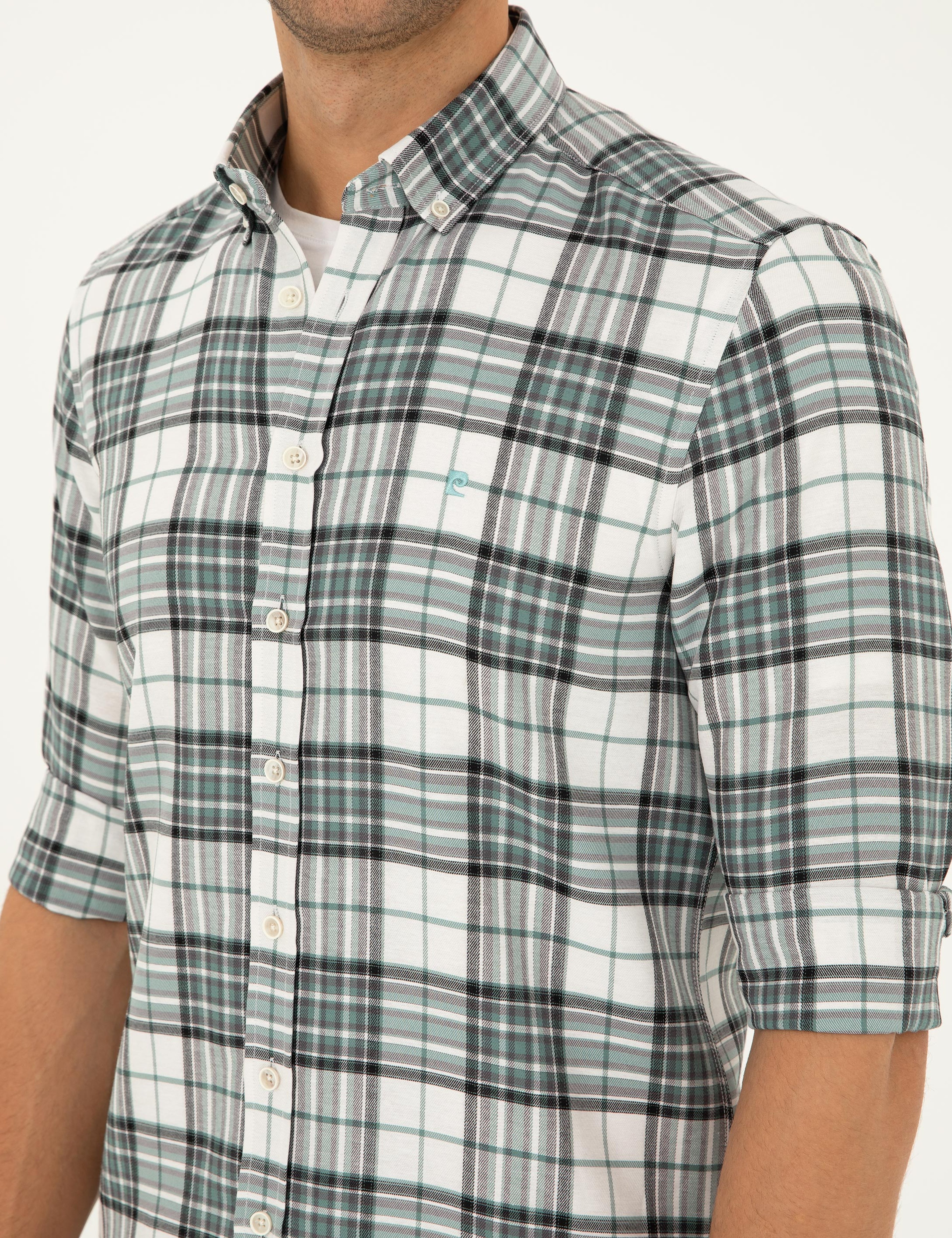 Su Yeşili Ekose Slim Fit Uzun Kollu Gömlek
