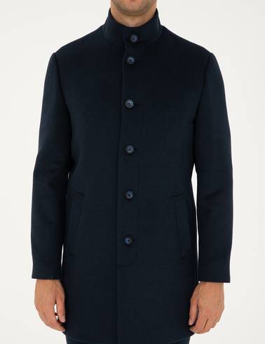Lacivert Yün Karışımlı Slim Fit Palto