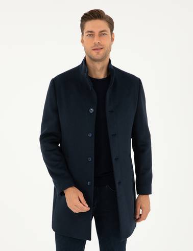 Lacivert Yün Karışımlı Slim Fit Palto