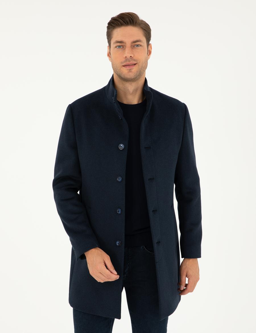 Lacivert Yün Karışımlı Slim Fit Palto
