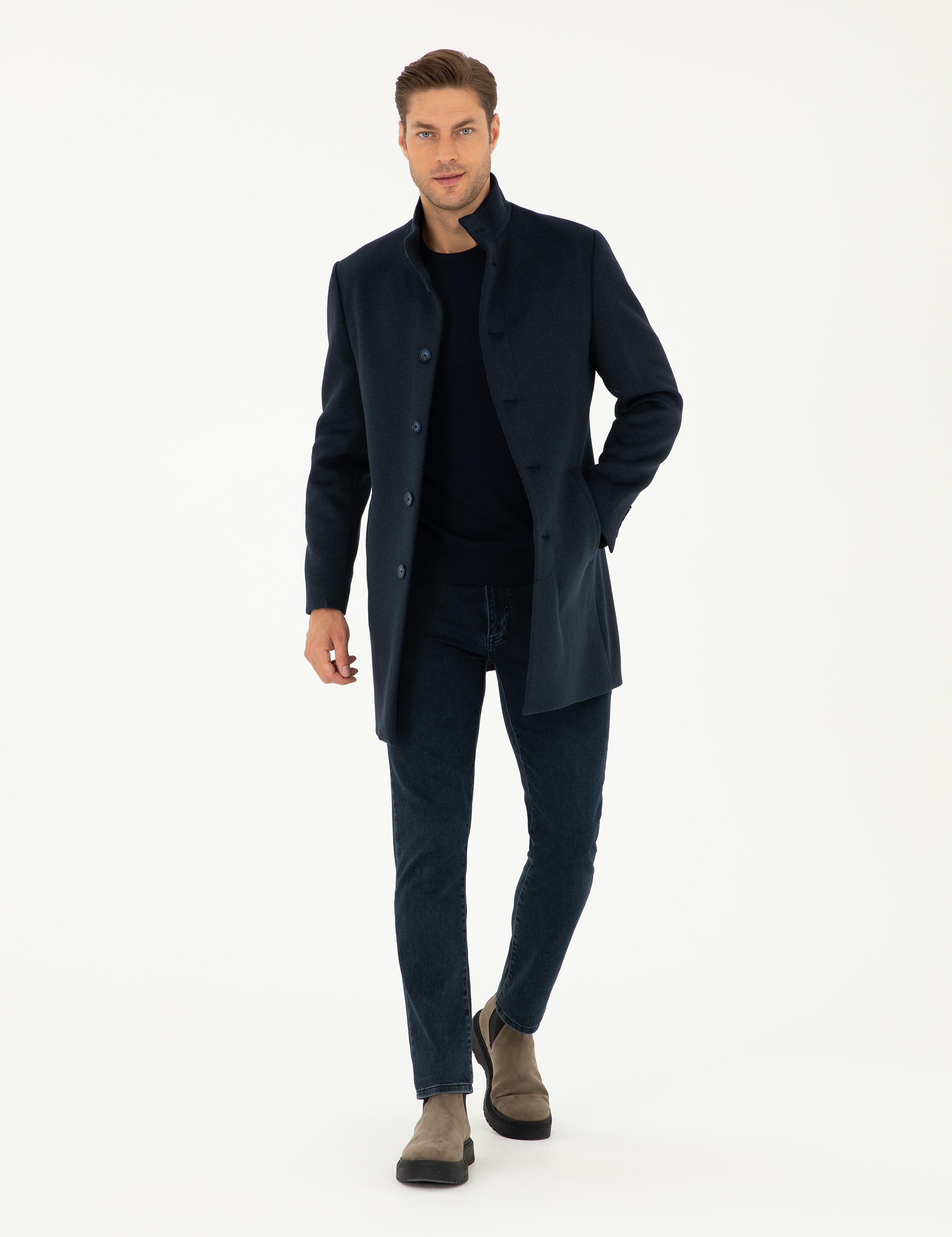 Lacivert Yün Karışımlı Slim Fit Palto