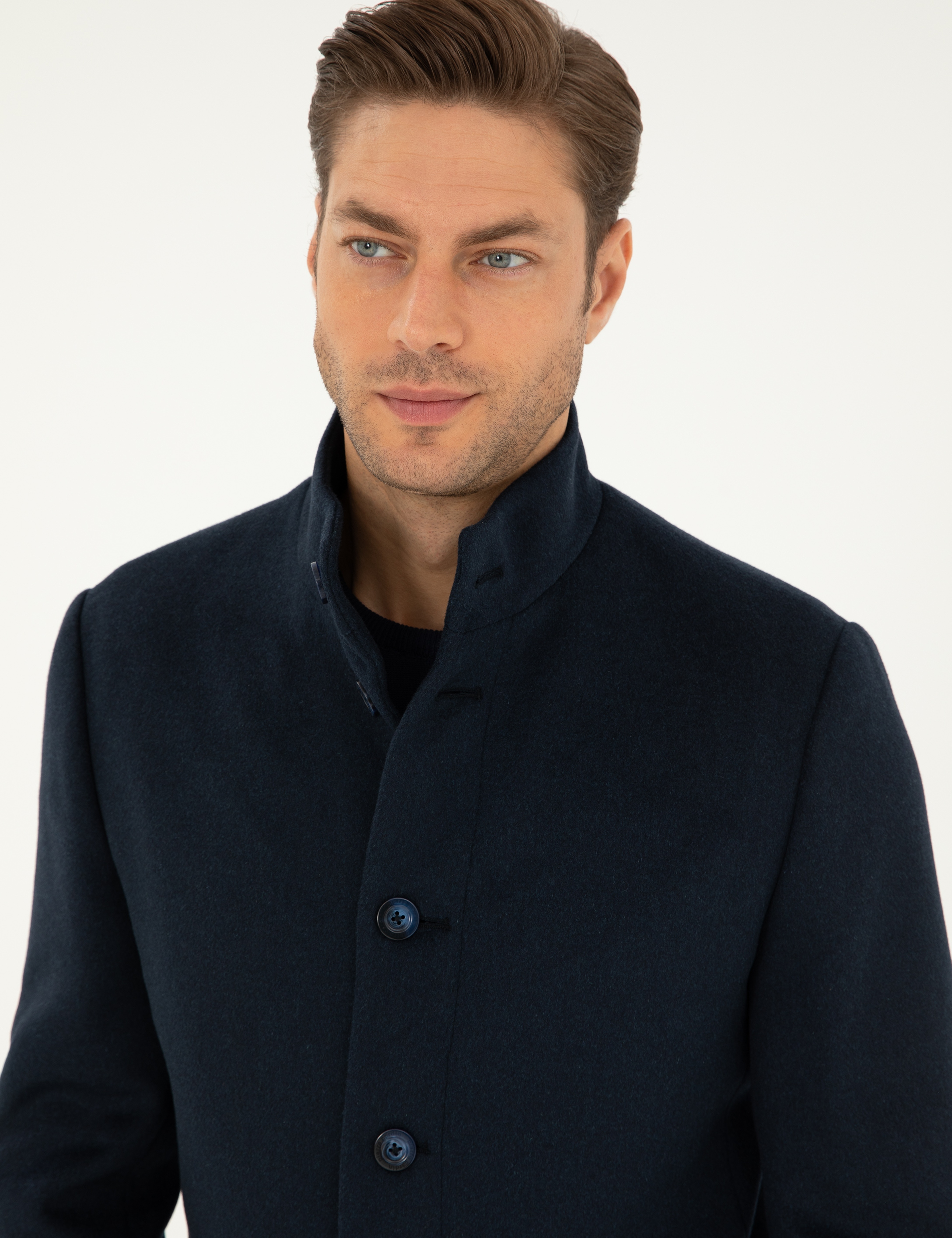 Lacivert Yün Karışımlı Slim Fit Palto