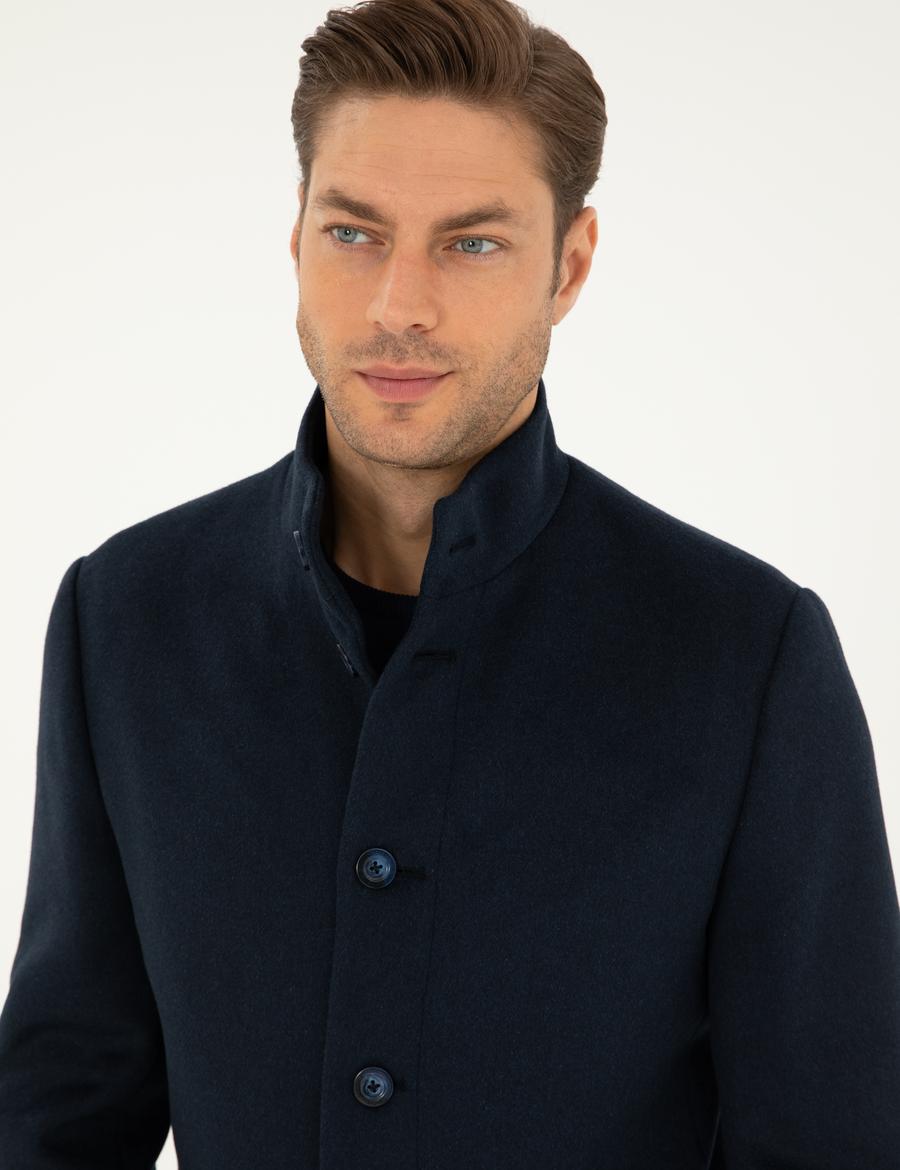 Lacivert Yün Karışımlı Slim Fit Palto