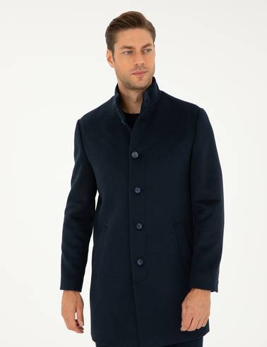 Lacivert Yün Karışımlı Slim Fit Palto