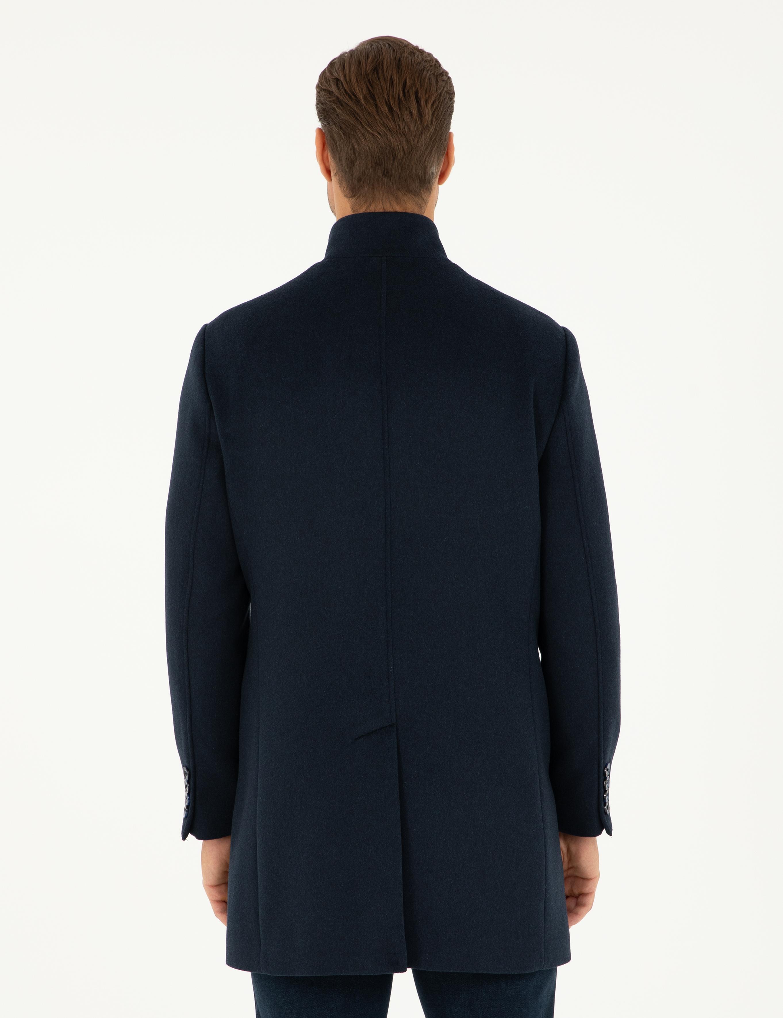 Lacivert Yün Karışımlı Slim Fit Palto