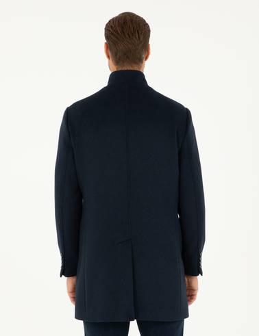 Lacivert Yün Karışımlı Slim Fit Palto