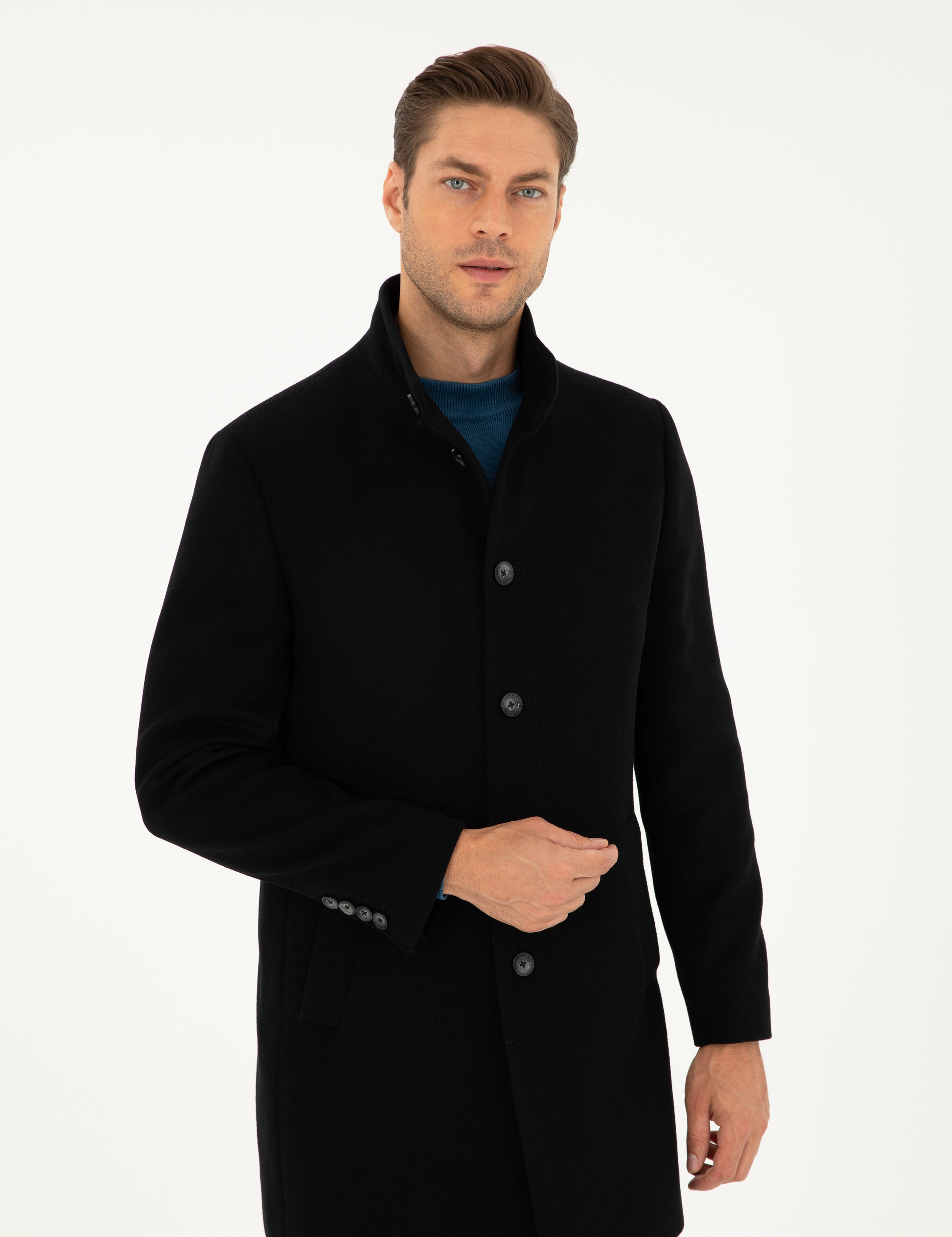 Siyah Yün Karışımlı Slim Fit Palto - Image 3