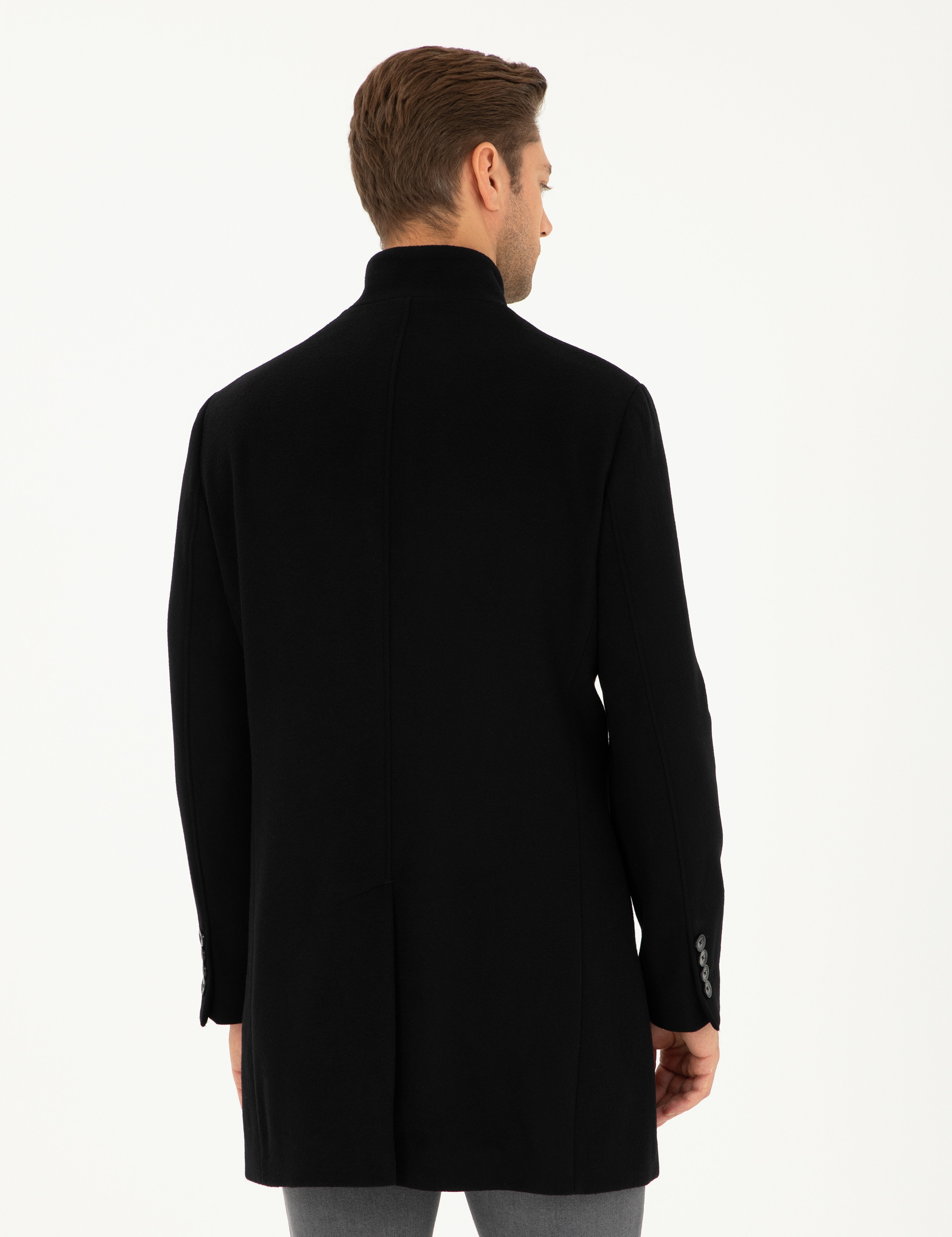 Siyah Yün Karışımlı Slim Fit Palto - Image 5