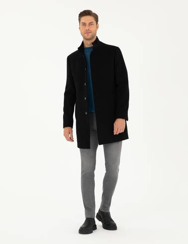 Siyah Yün Karışımlı Slim Fit Palto