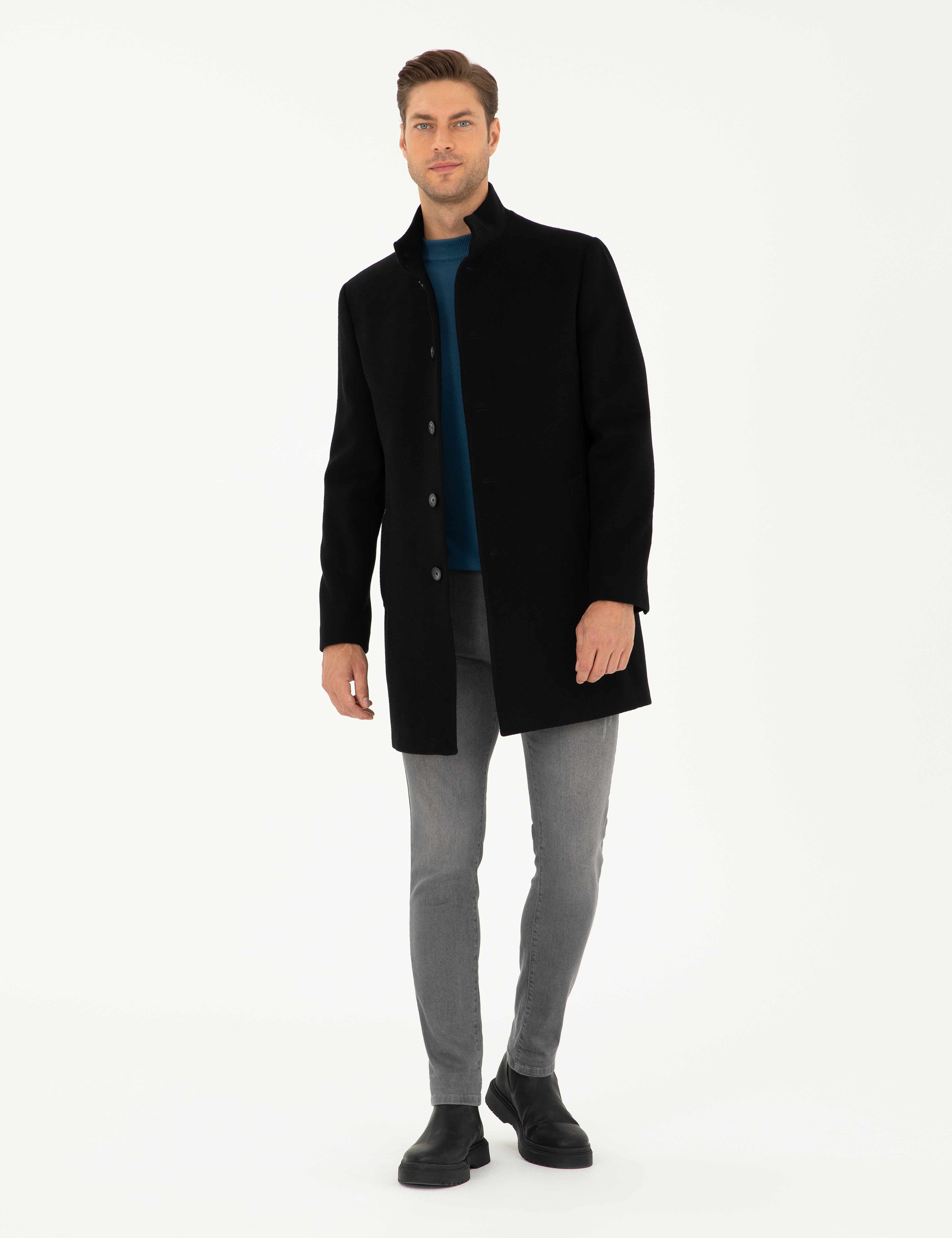 Siyah Yün Karışımlı Slim Fit Palto - Image 4