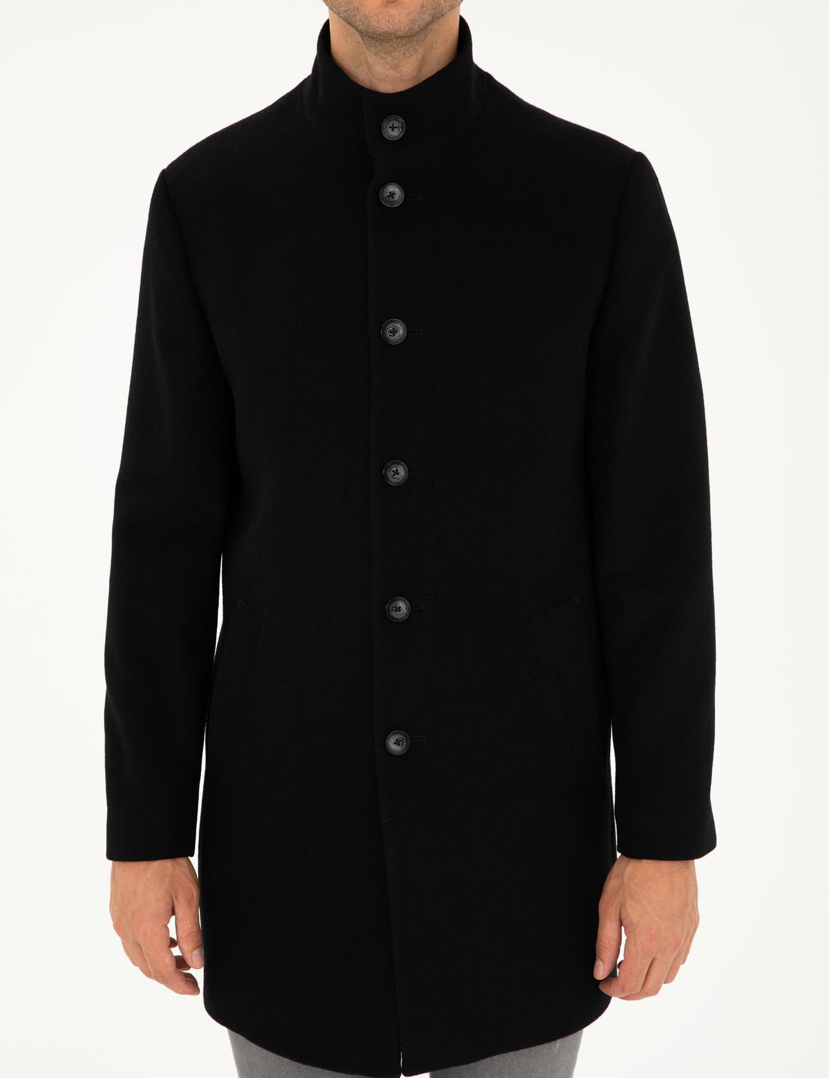 Siyah Yün Karışımlı Slim Fit Palto - 50297488007