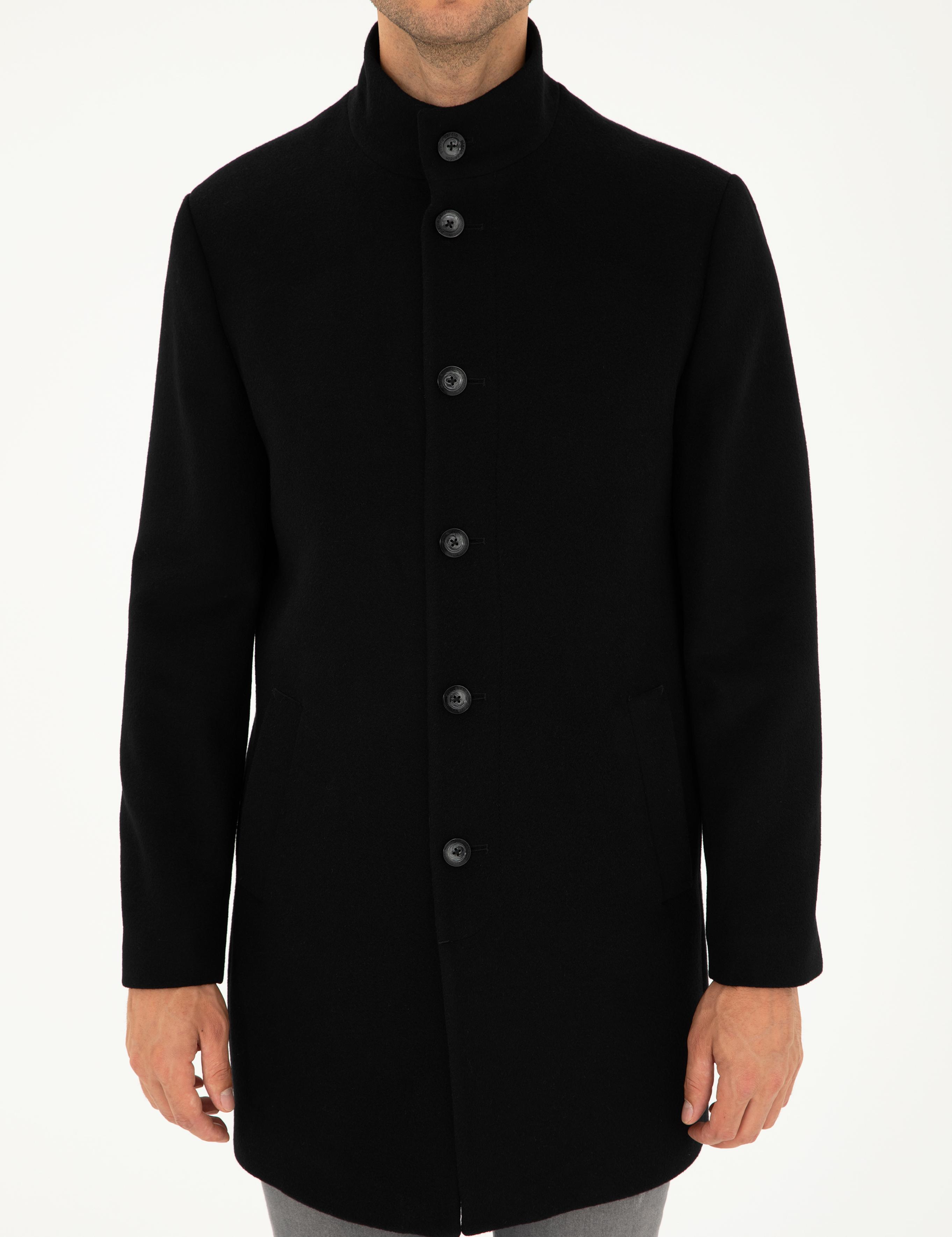 Siyah Yün Karışımlı Slim Fit Palto