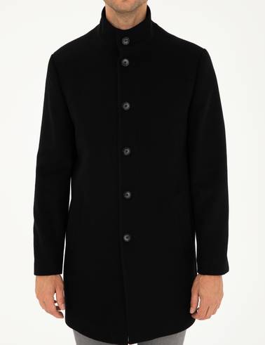Siyah Yün Karışımlı Slim Fit Palto