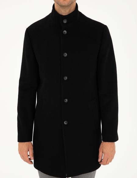 Siyah Yün Karışımlı Slim Fit Palto - 50297488007
