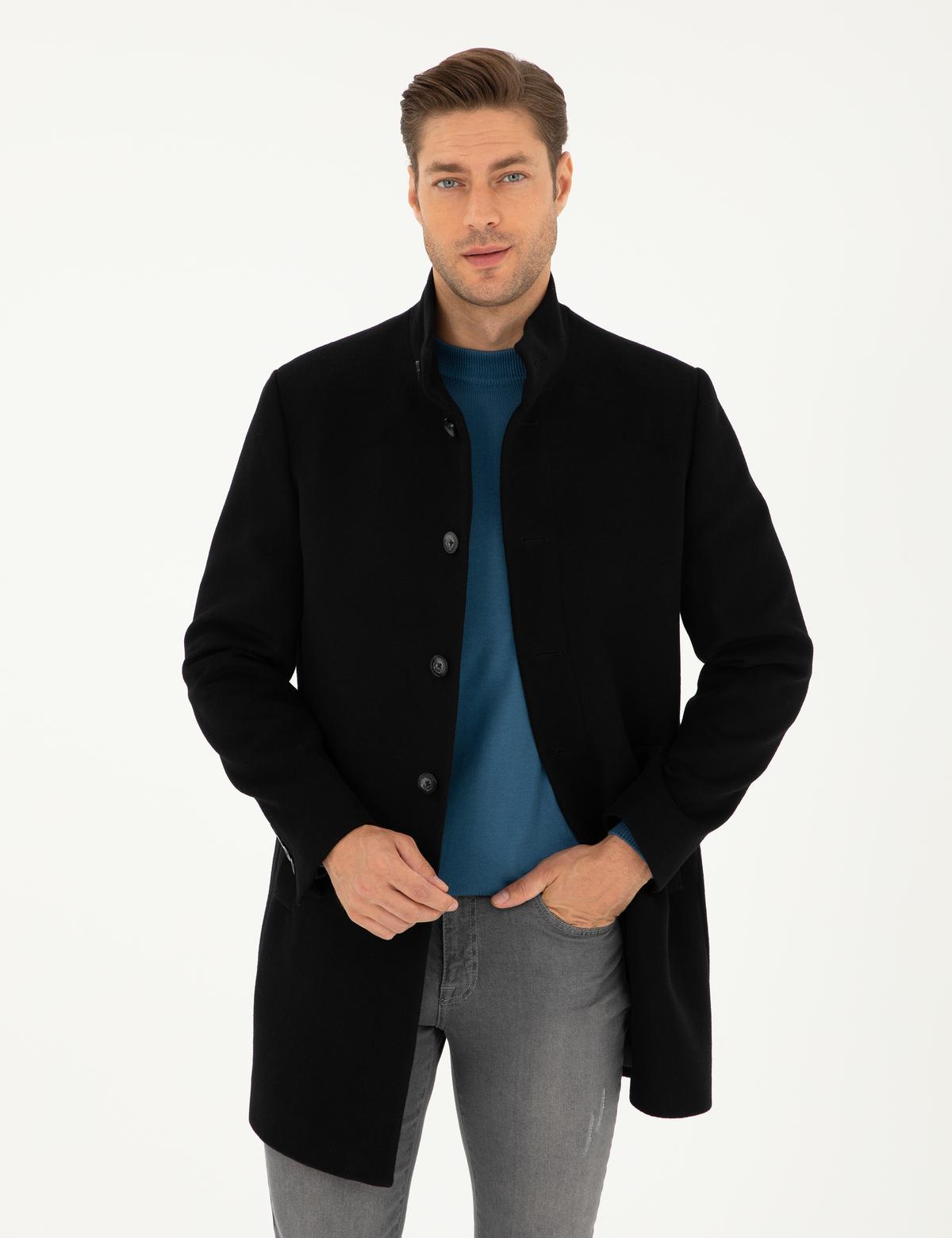 Siyah Yün Karışımlı Slim Fit Palto