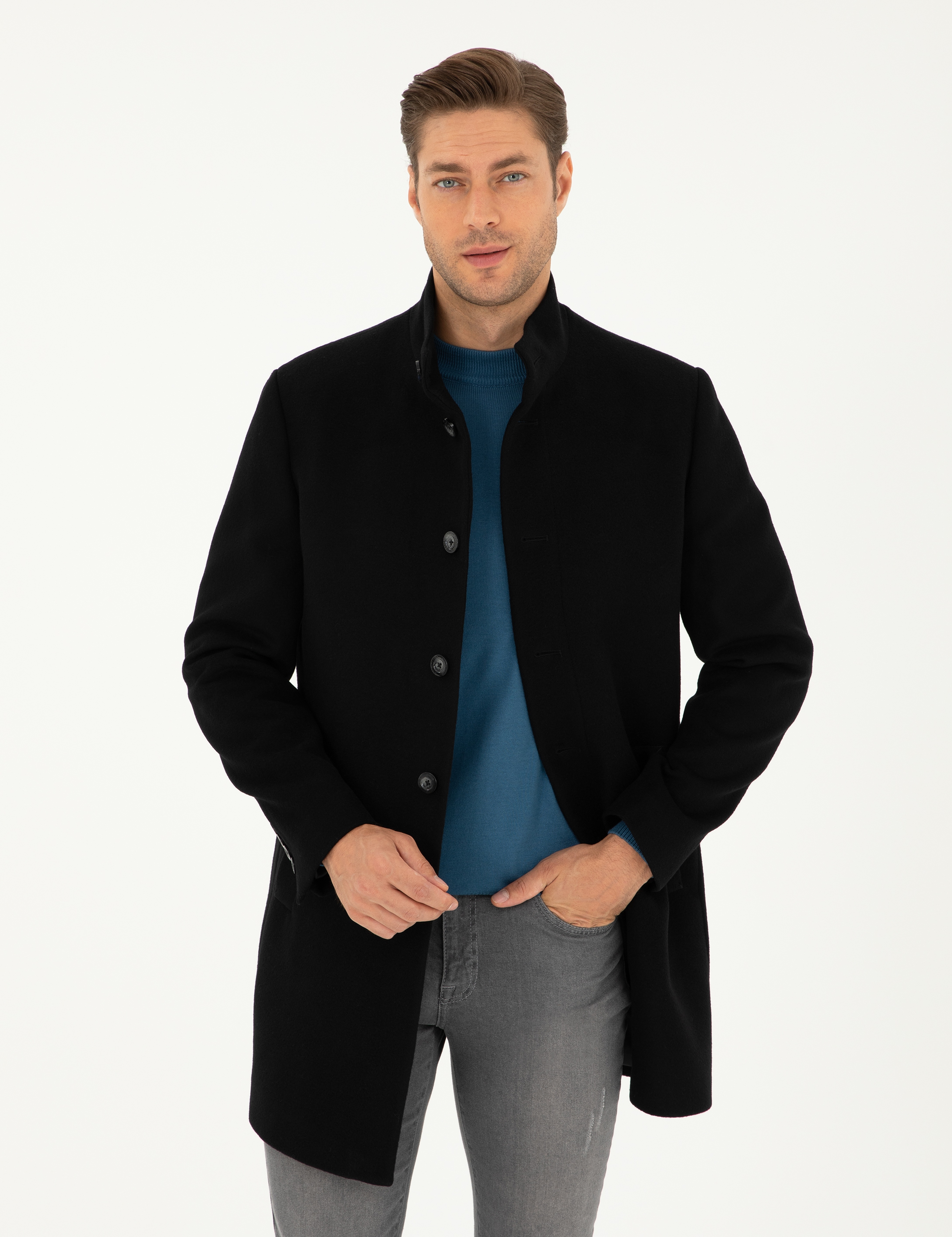Siyah Yün Karışımlı Slim Fit Palto - Image 1