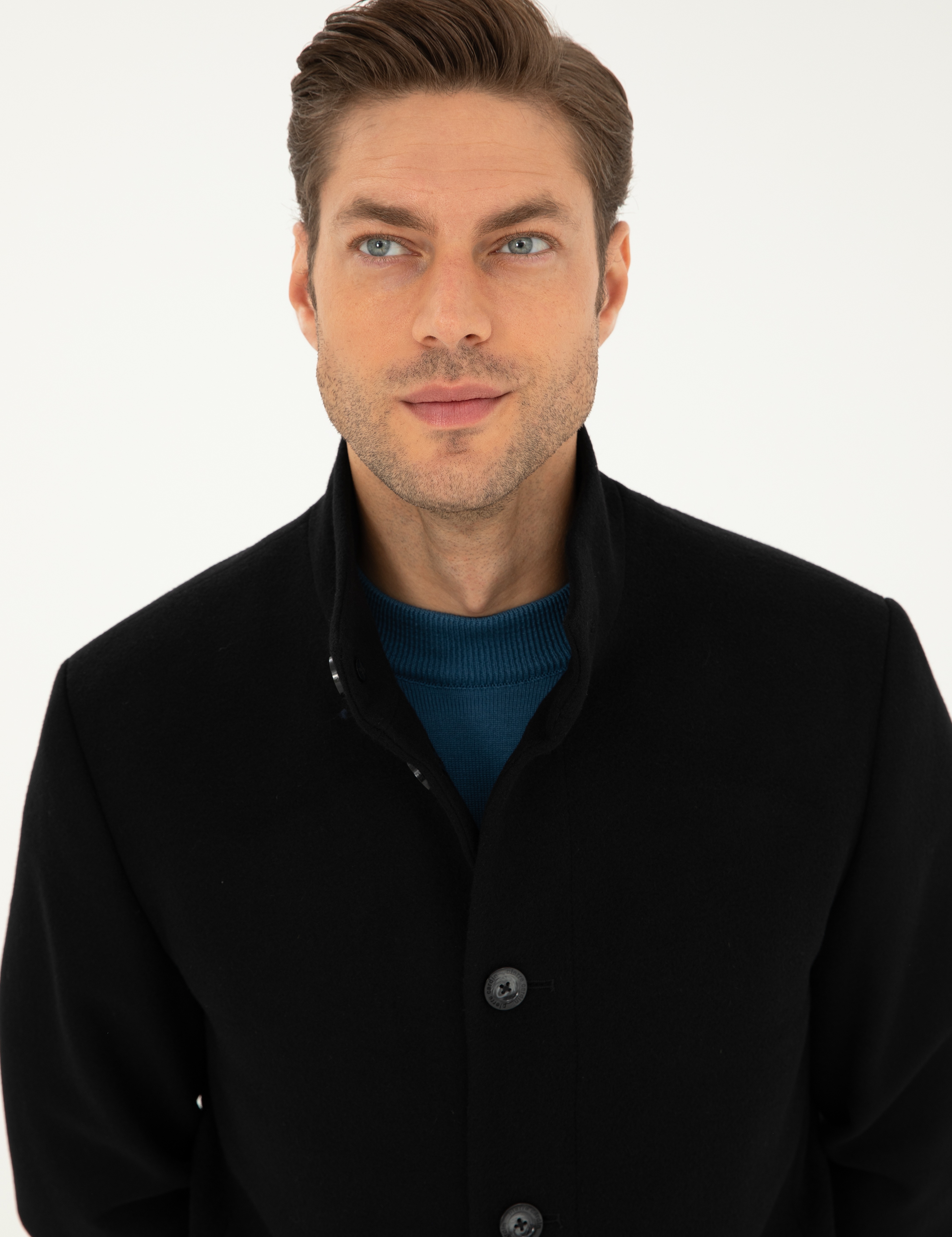 Siyah Yün Karışımlı Slim Fit Palto - Image 2