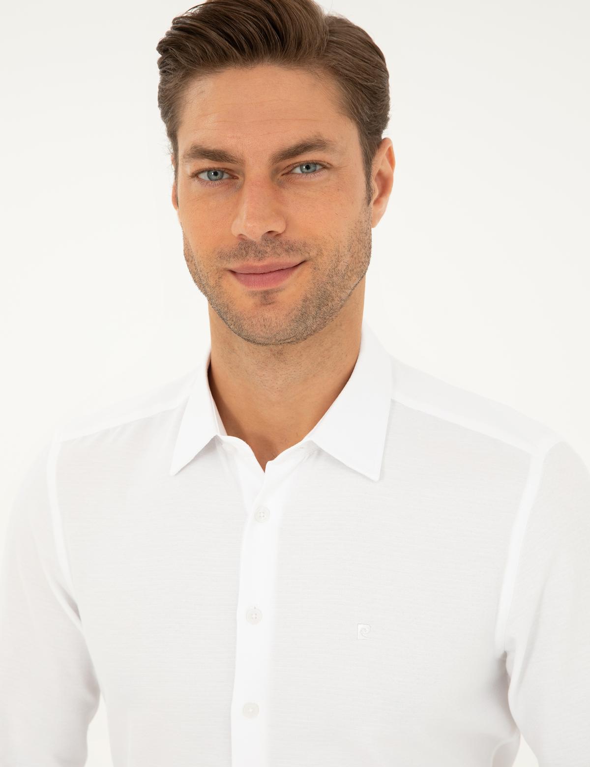 Beyaz Armürlü Slim Fit Uzun Kollu Gömlek - 50294742007