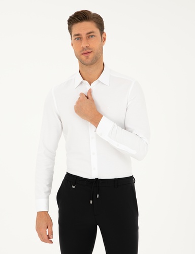 Beyaz Armürlü Slim Fit Uzun Kollu Gömlek