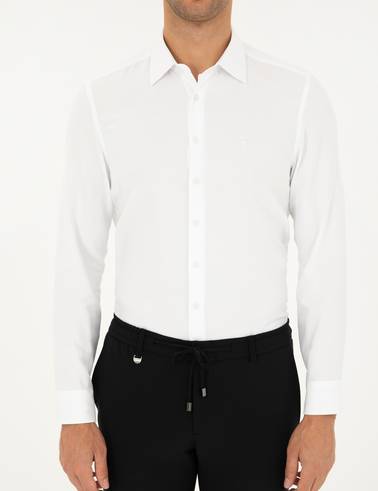 Beyaz Armürlü Slim Fit Uzun Kollu Gömlek