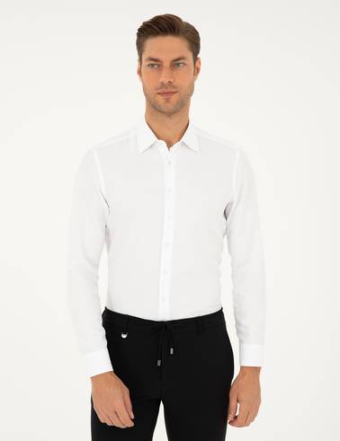 Beyaz Armürlü Slim Fit Uzun Kollu Gömlek
