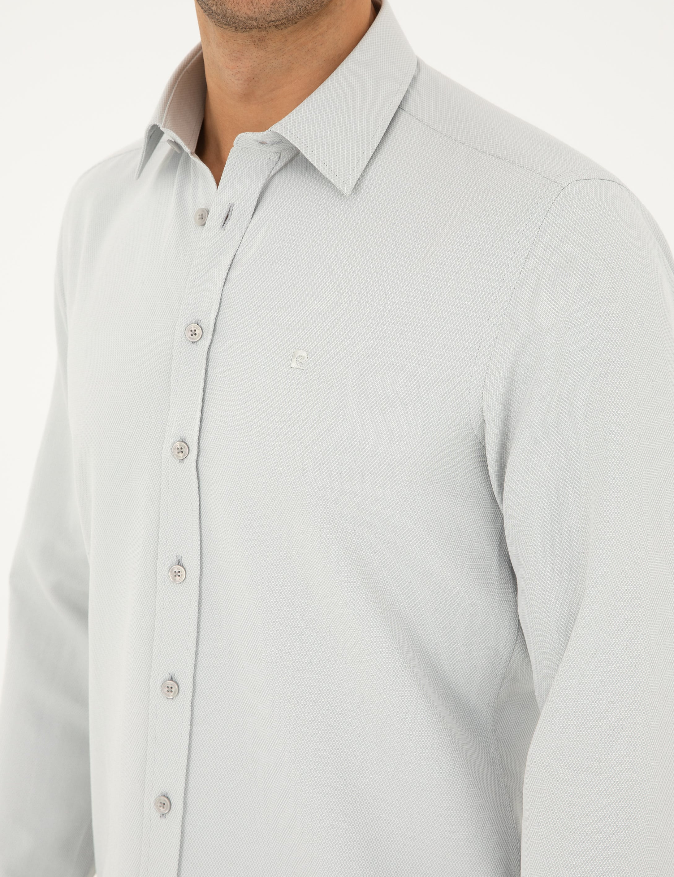 Gri Slim Fit Armürlü Uzun Kollu Gömlek - Image 7